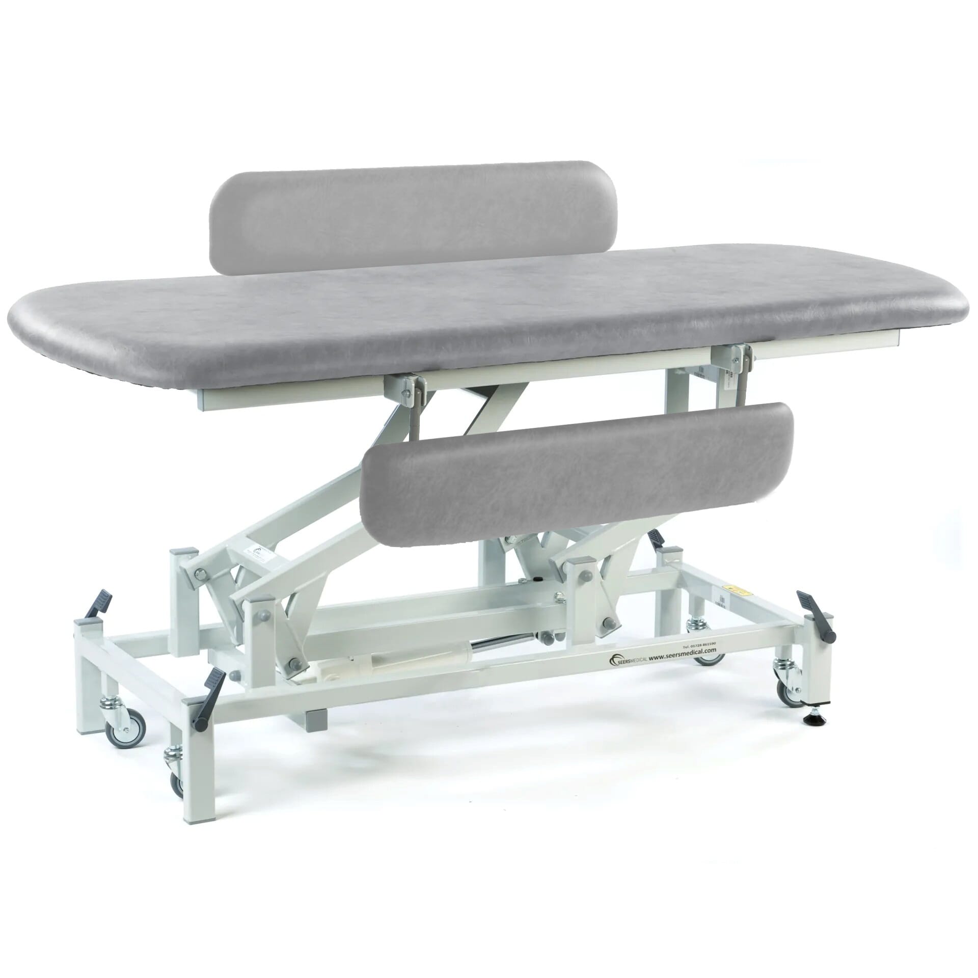 electric therapy hygiene table with retractable wheels and padded side rails light grey
