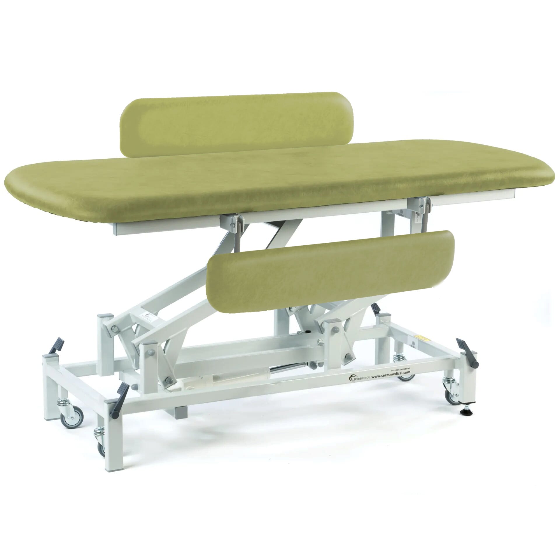 electric therapy hygiene table with retractable wheels and padded side rails olive