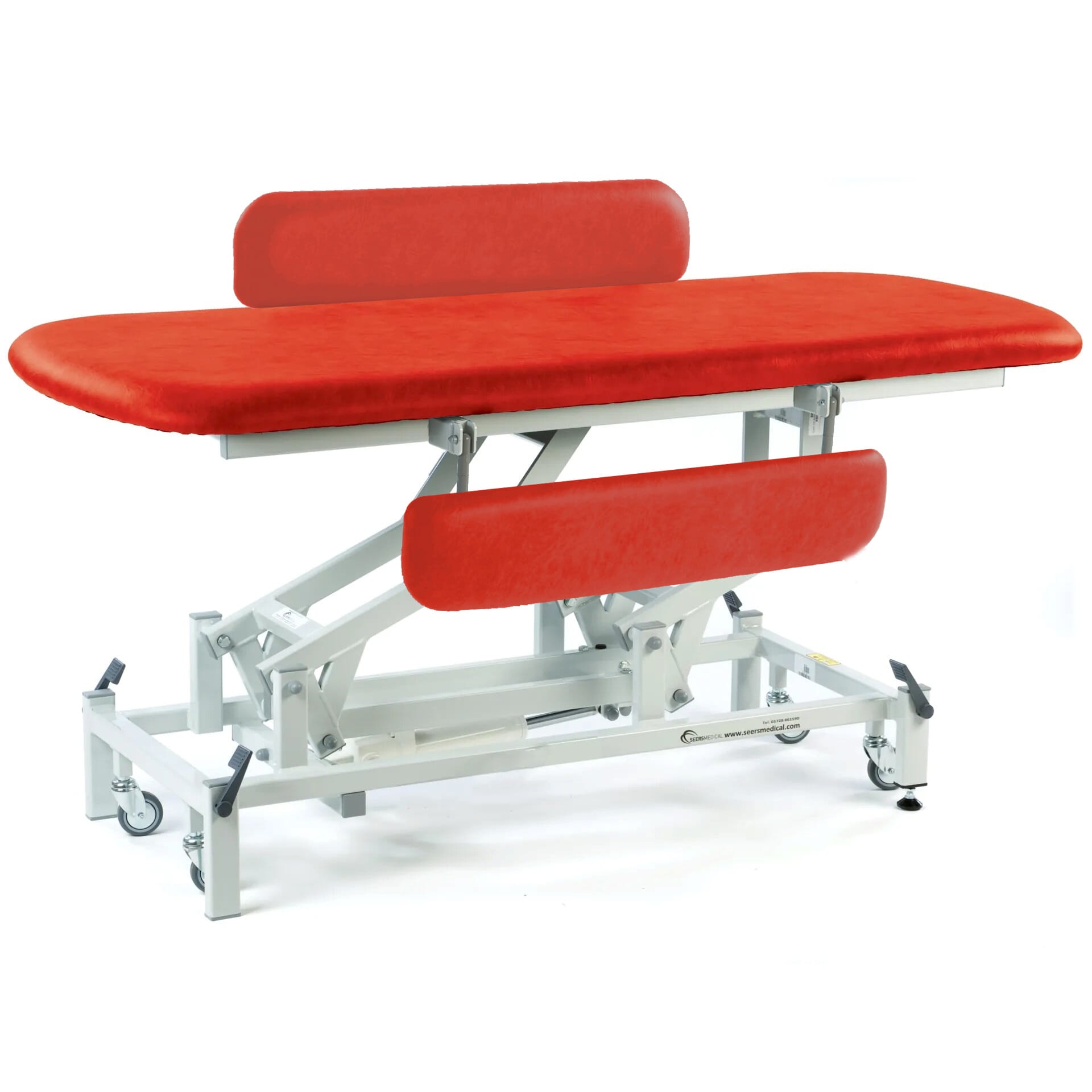 electric therapy hygiene table with retractable wheels and padded side rails red
