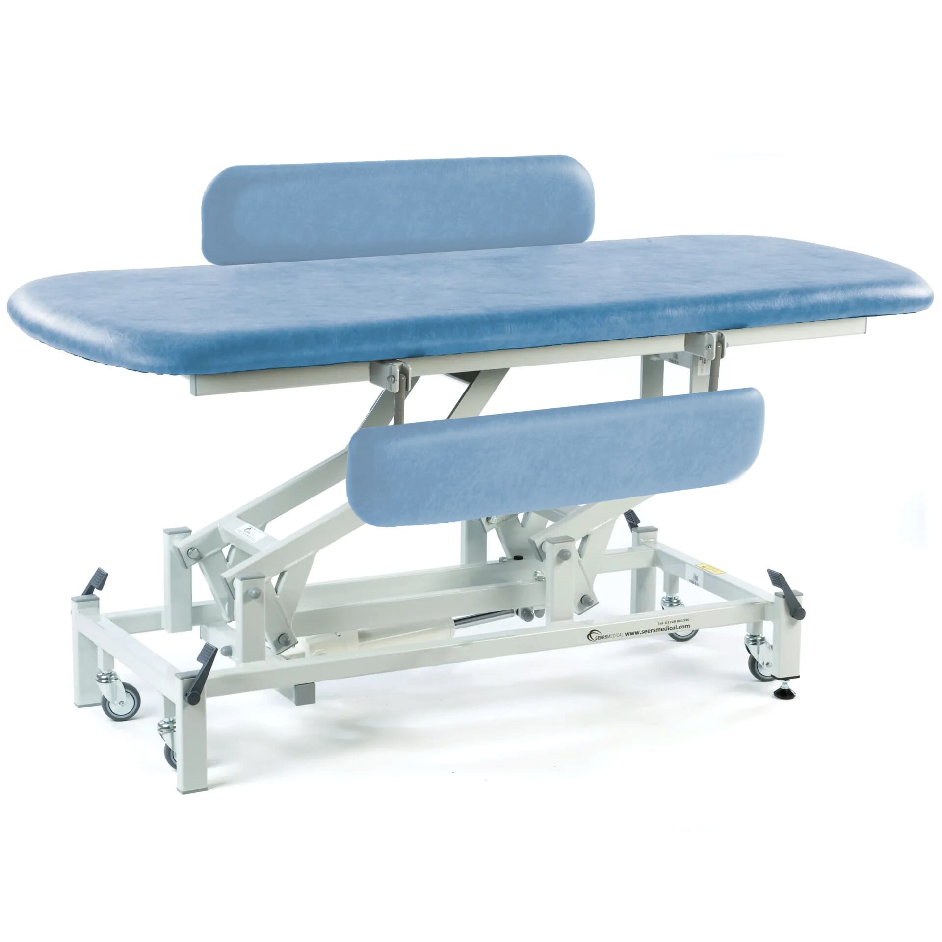 electric therapy hygiene table with retractable wheels and padded side rails sky blue