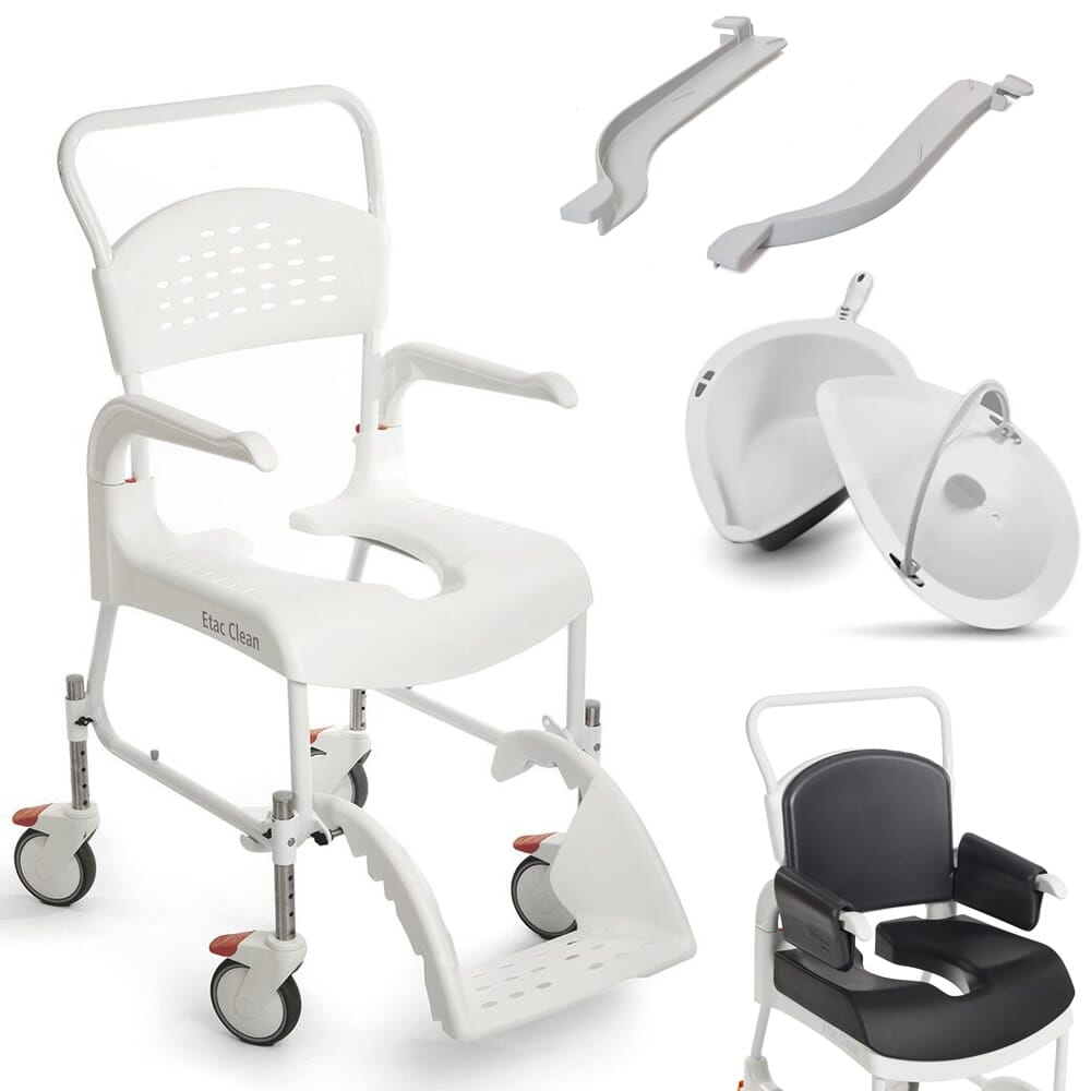 View Etac Clean Comfort Tall Shower Commode Chair Height Adjustable with Pan Set information