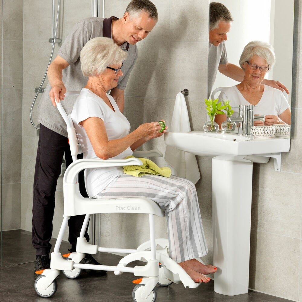 View Etac Clean Wheeled Shower Commode Chair Fixed Height 44cm information