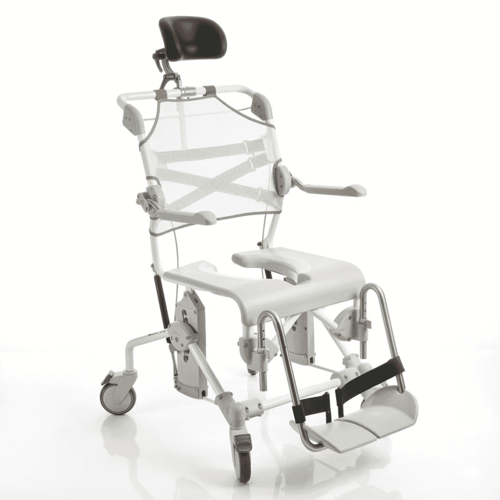 View Etac Swift Mobile Tilt 2 Wheeled Shower Chair with XL back and pan holder information