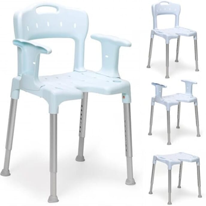 etac swift shower chair with cut out seat blue