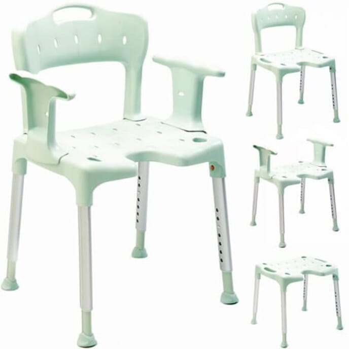 etac swift shower chair with cut out seat green