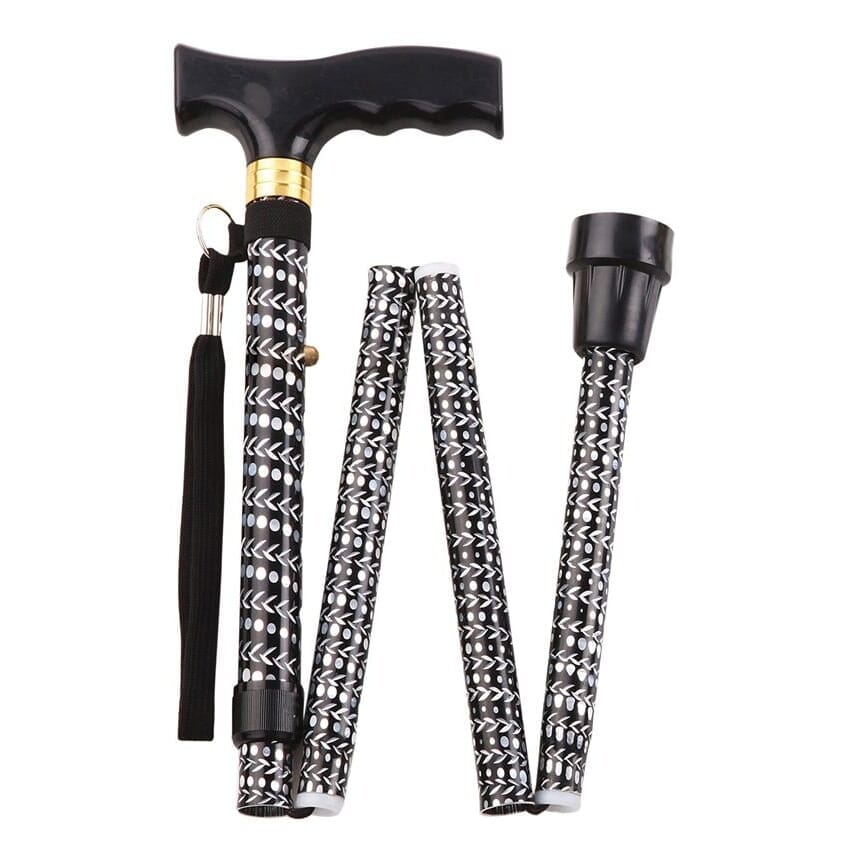 extendable plastic handled walking stick with engraved pattern black folded