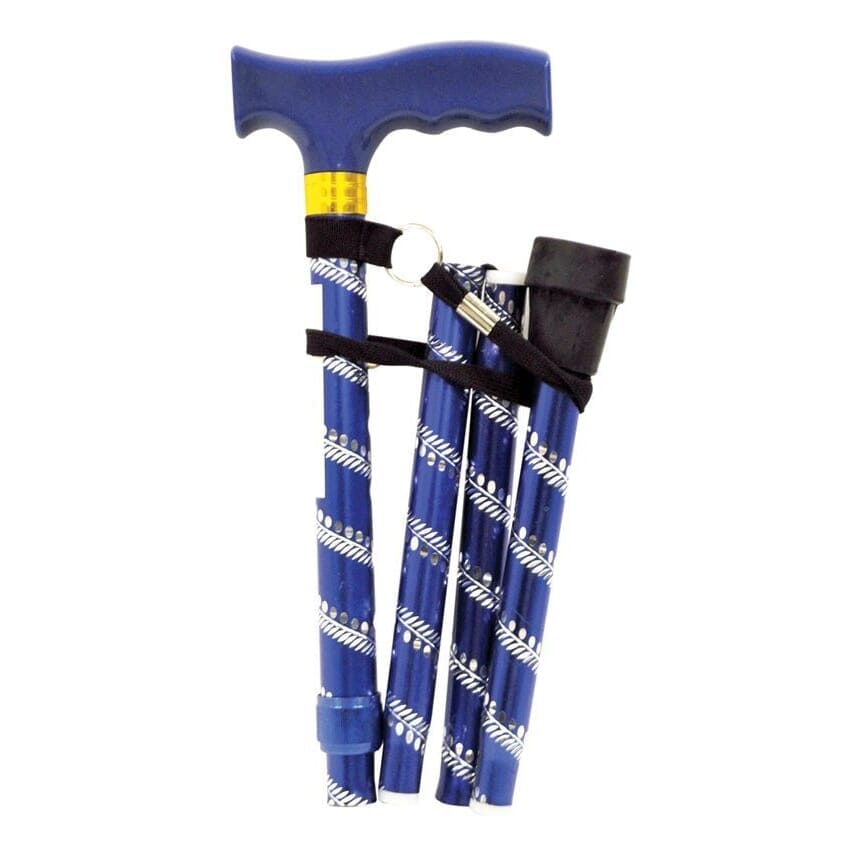 extendable plastic handled walking stick with engraved pattern blue folded