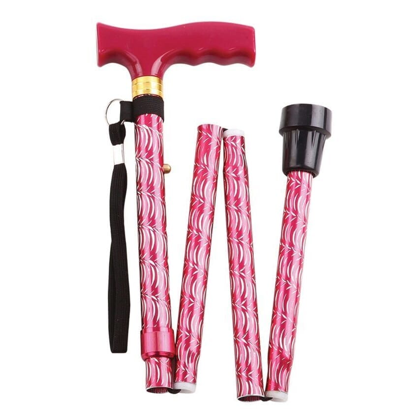 extendable plastic handled walking stick with engraved pattern red folded