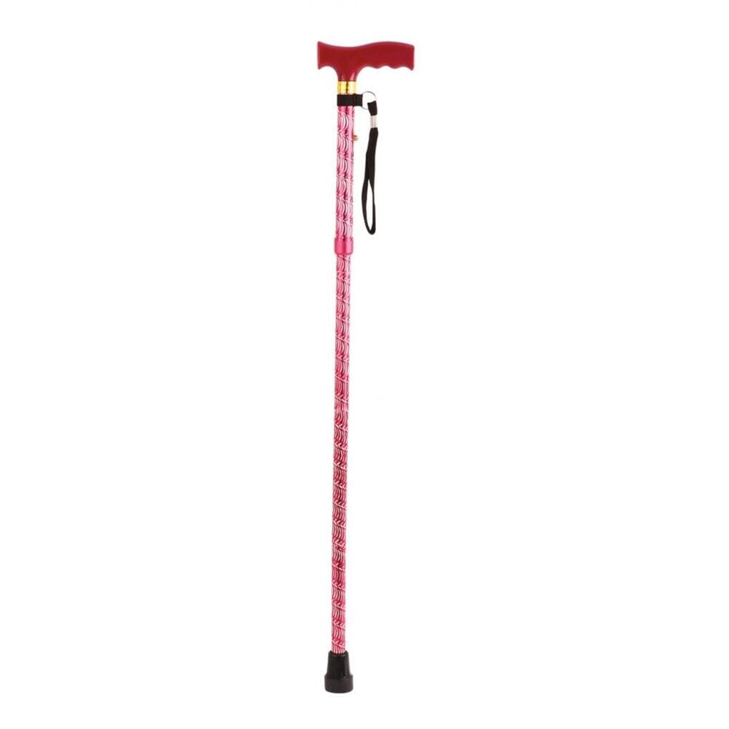 View Extendable Plastic Handled Walking Stick with Engraved Pattern Red information