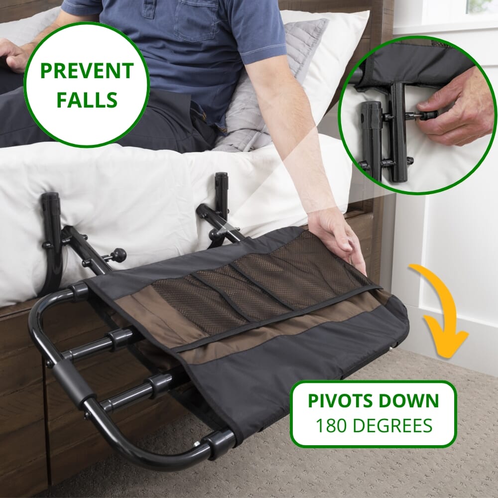 ez adjustable bed rail with pouch pivot
