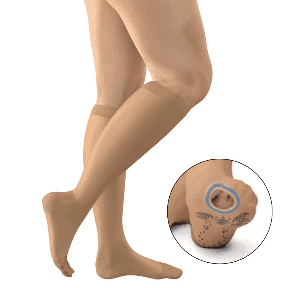 fitlegs open toe compression socks with grip soles beige