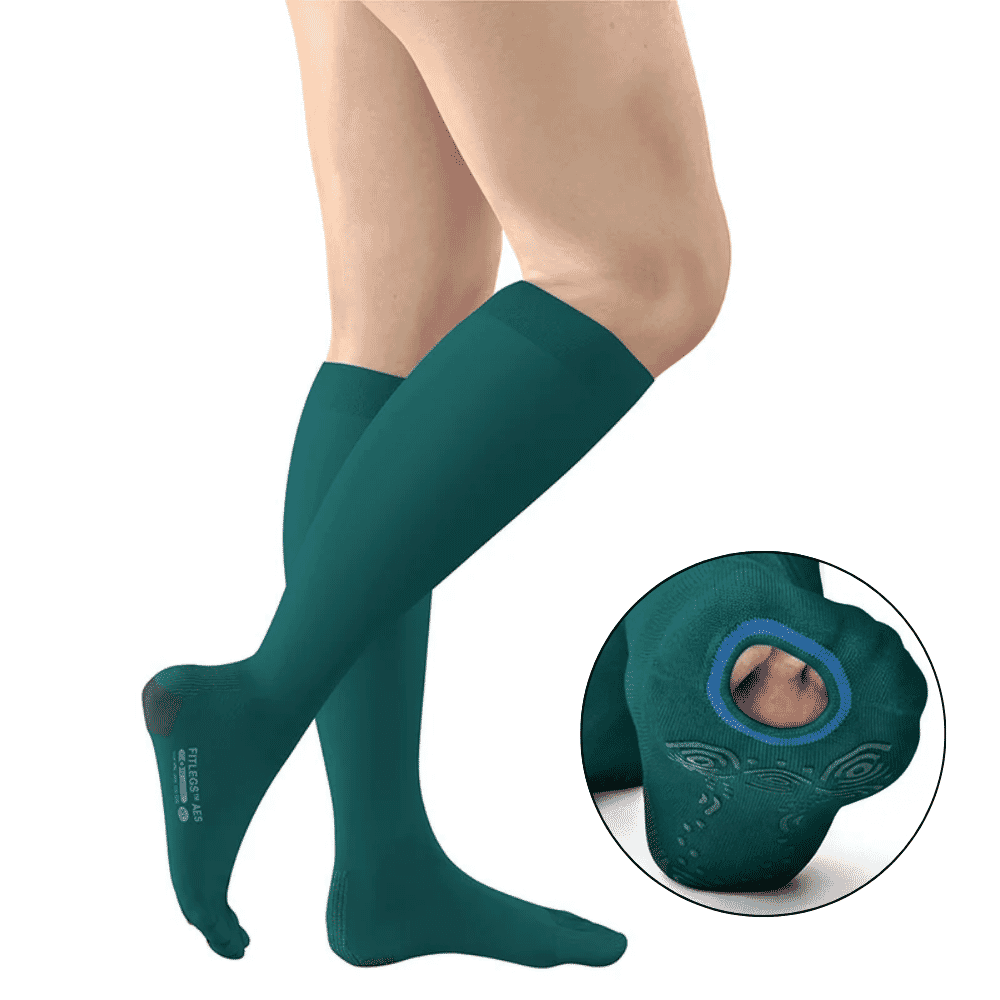 fitlegs open toe compression socks with grip soles teal