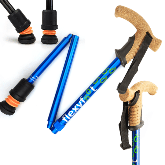 flexyfoot cork handle folding walking stick blue