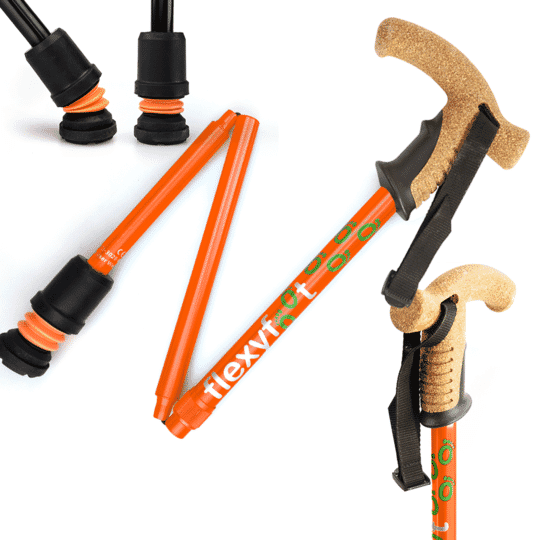 flexyfoot cork handle folding walking stick orange