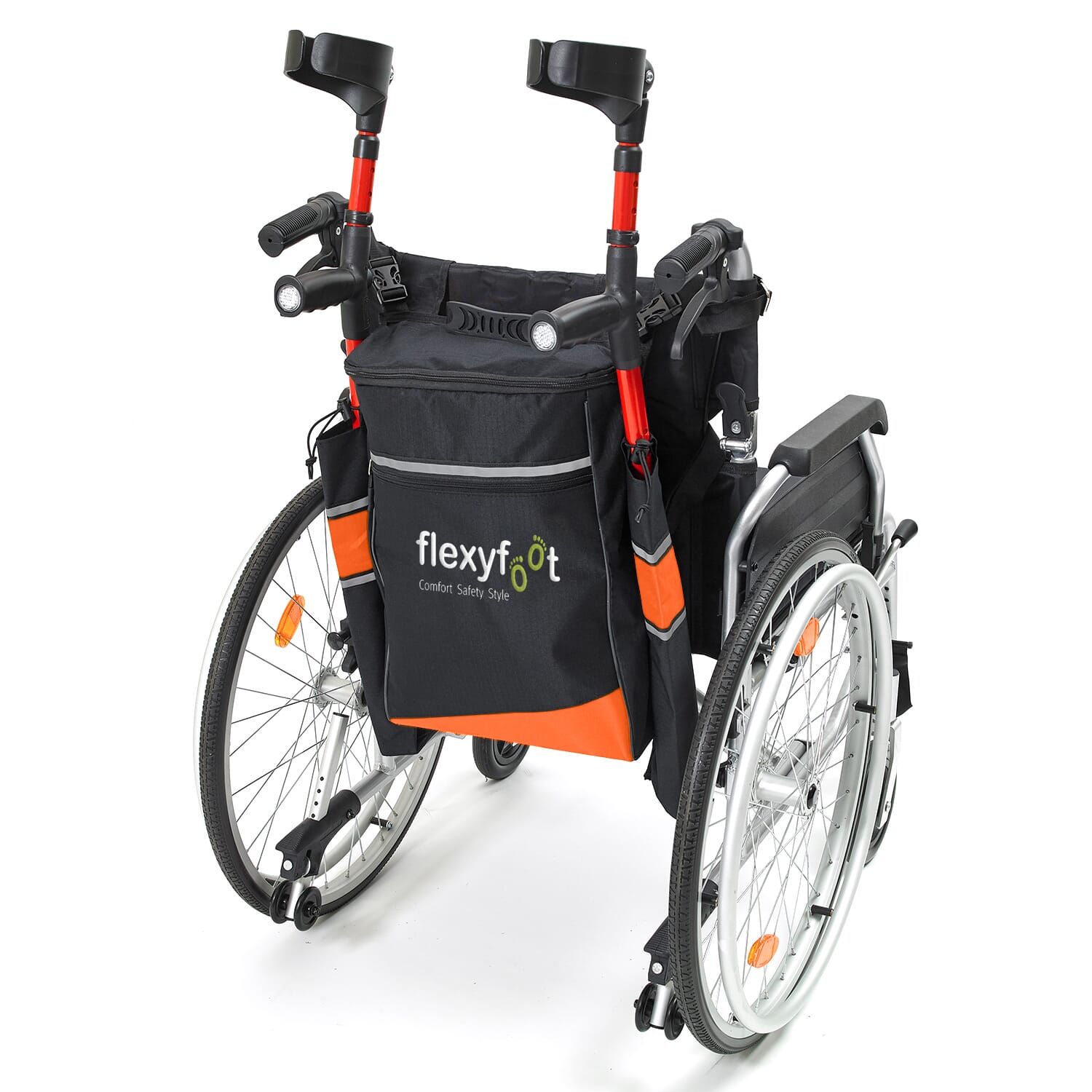 flexyfoot mobility crutch bag on wheelchair