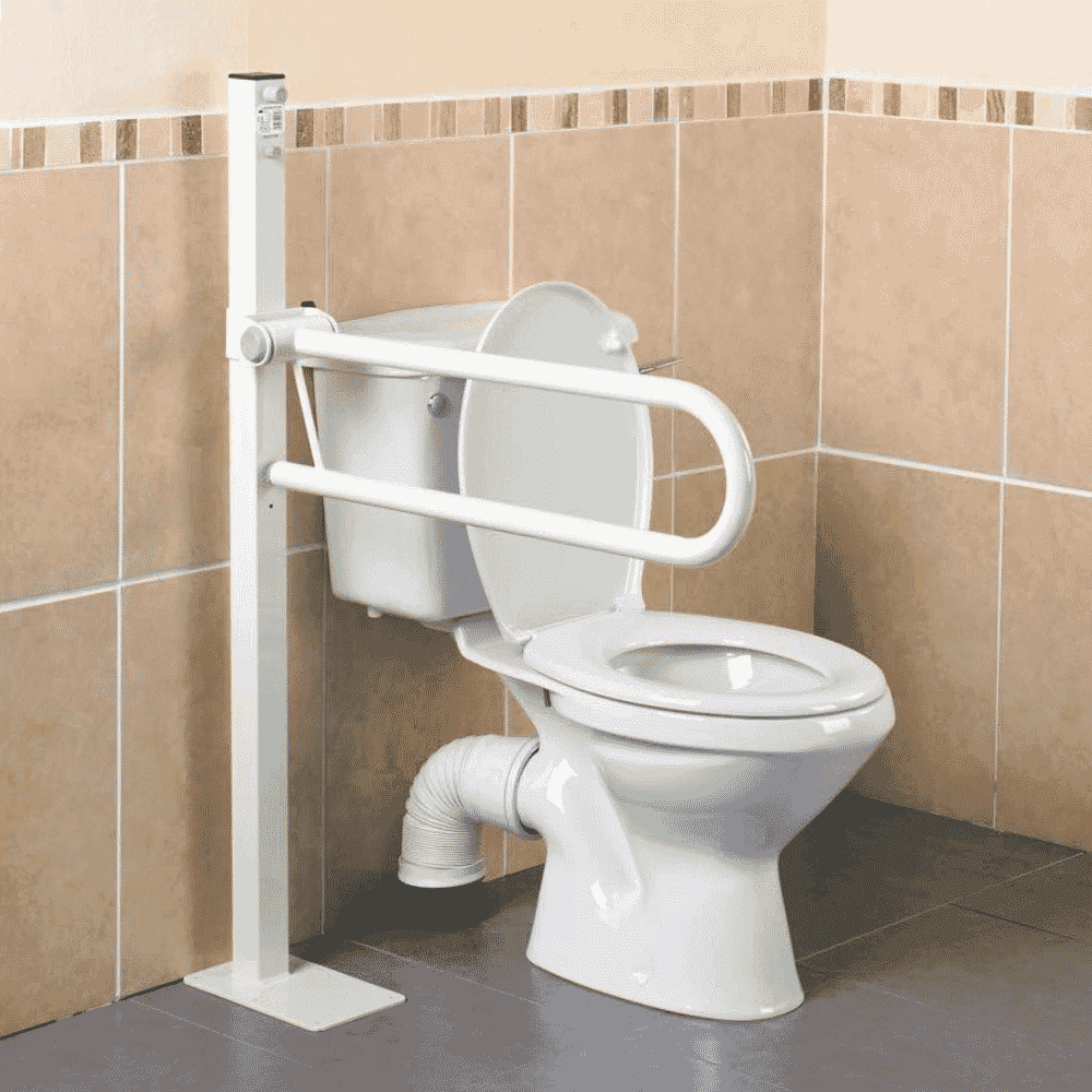 floor mounted folding toilet support rail in use