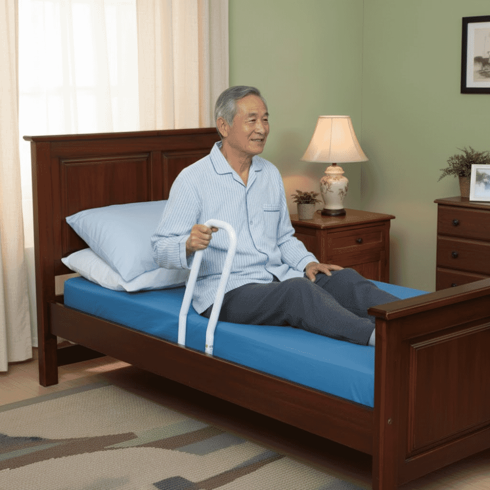 foldable easy fit bed rail in use