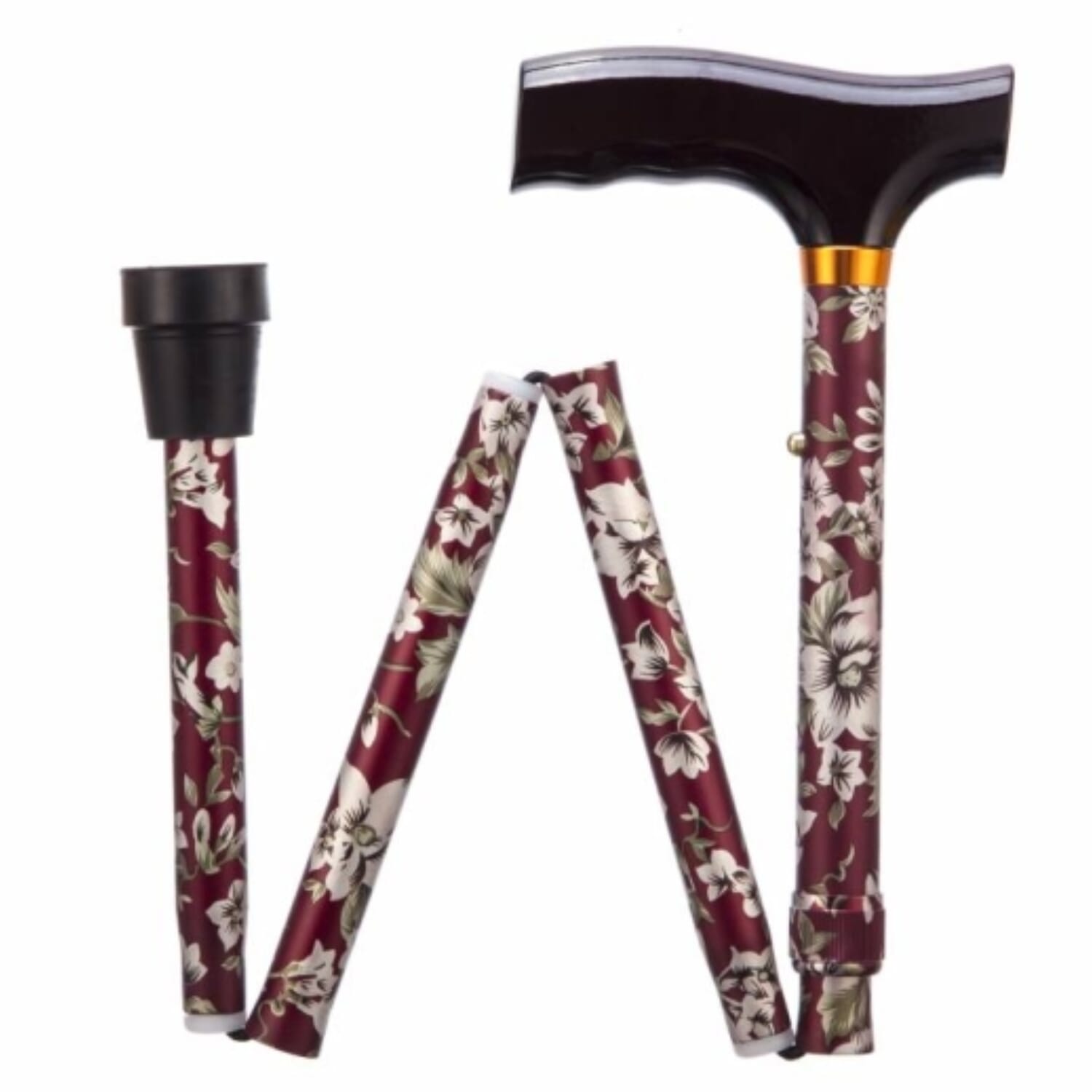 folding adjustable walking stick burgundy flower