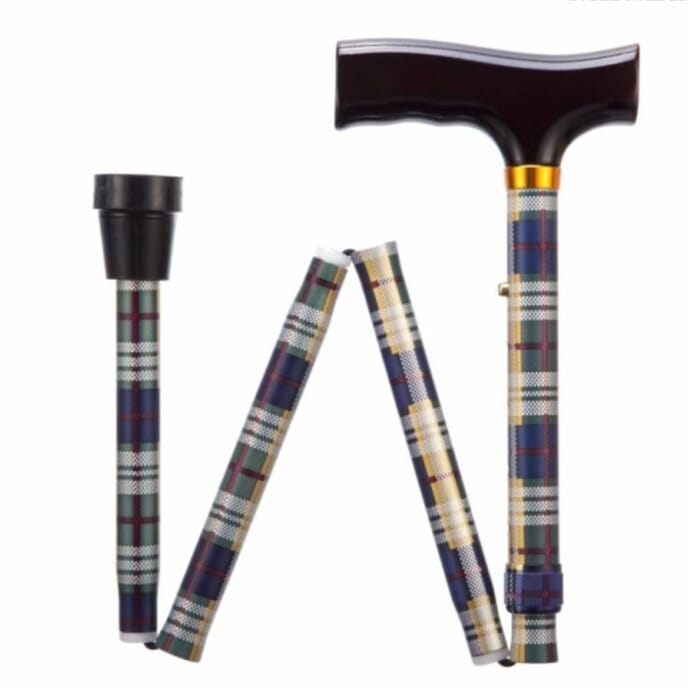 folding adjustable walking stick tartan