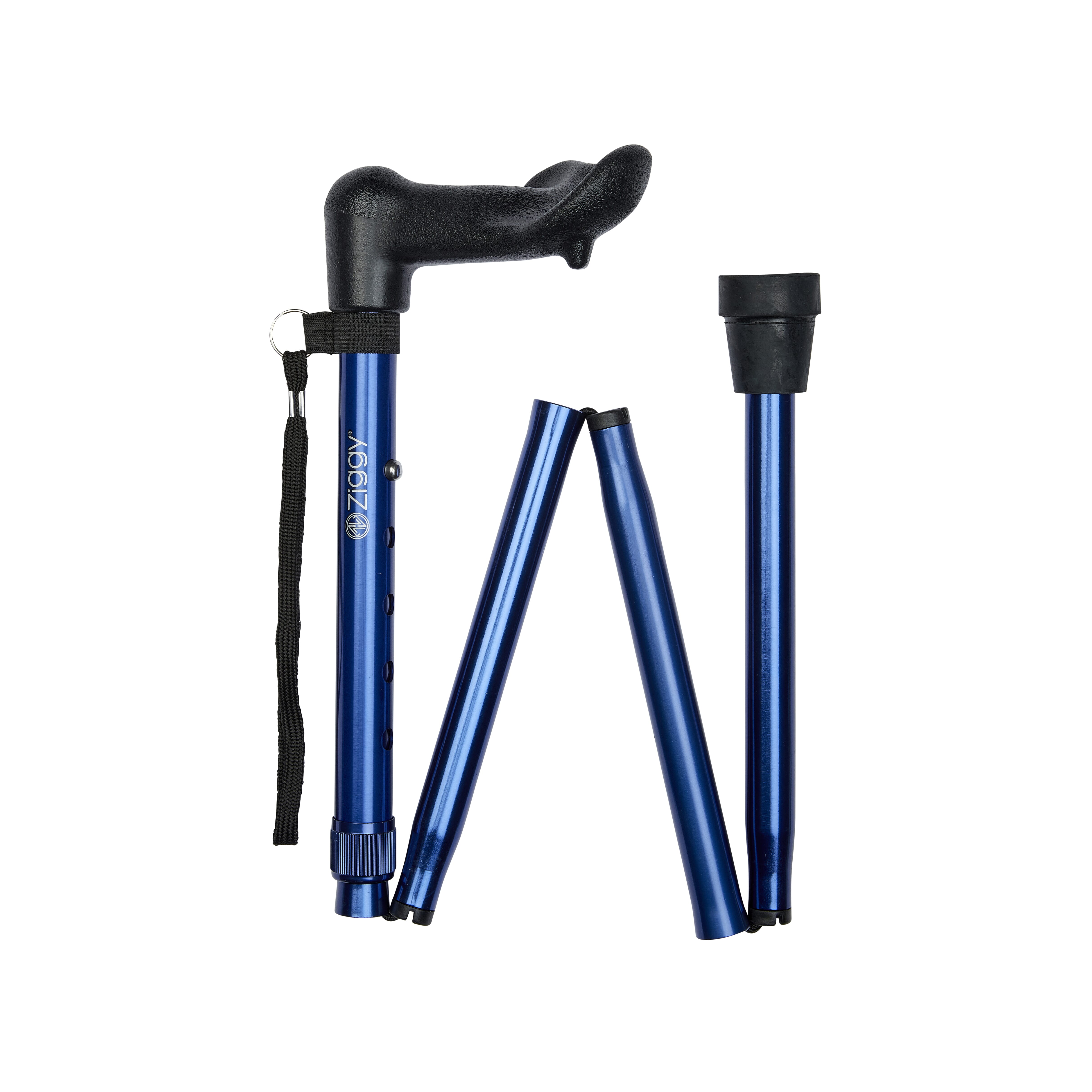 folding anatomical walking stick blue left hand folded