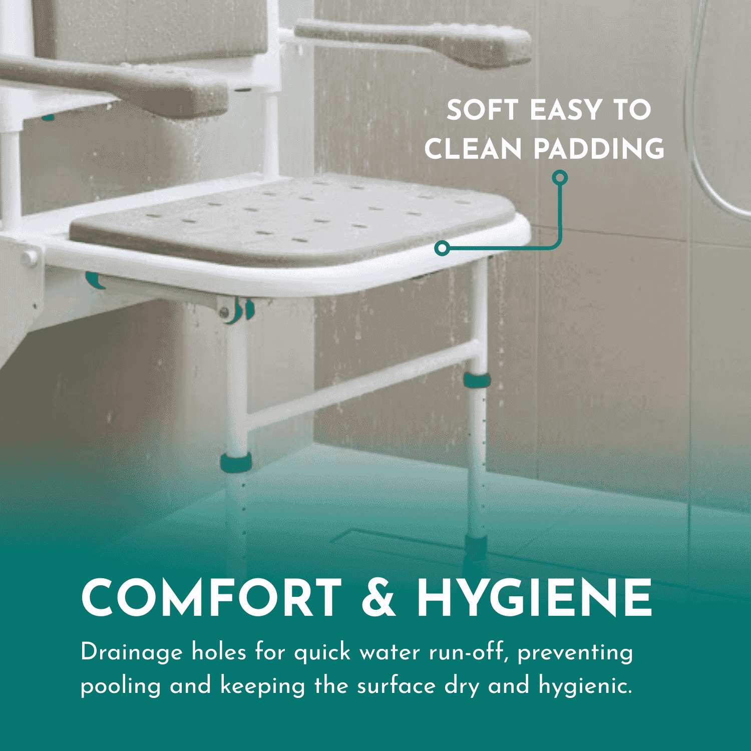 folding shower seat with legs back arms pad seat comfort