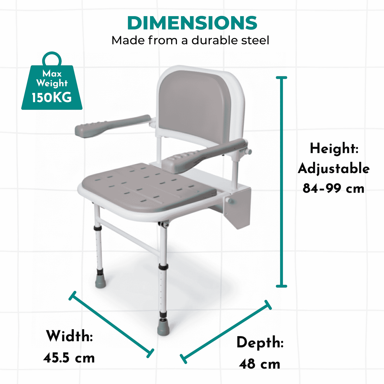 folding shower seat with legs back arms pad seat dimensions