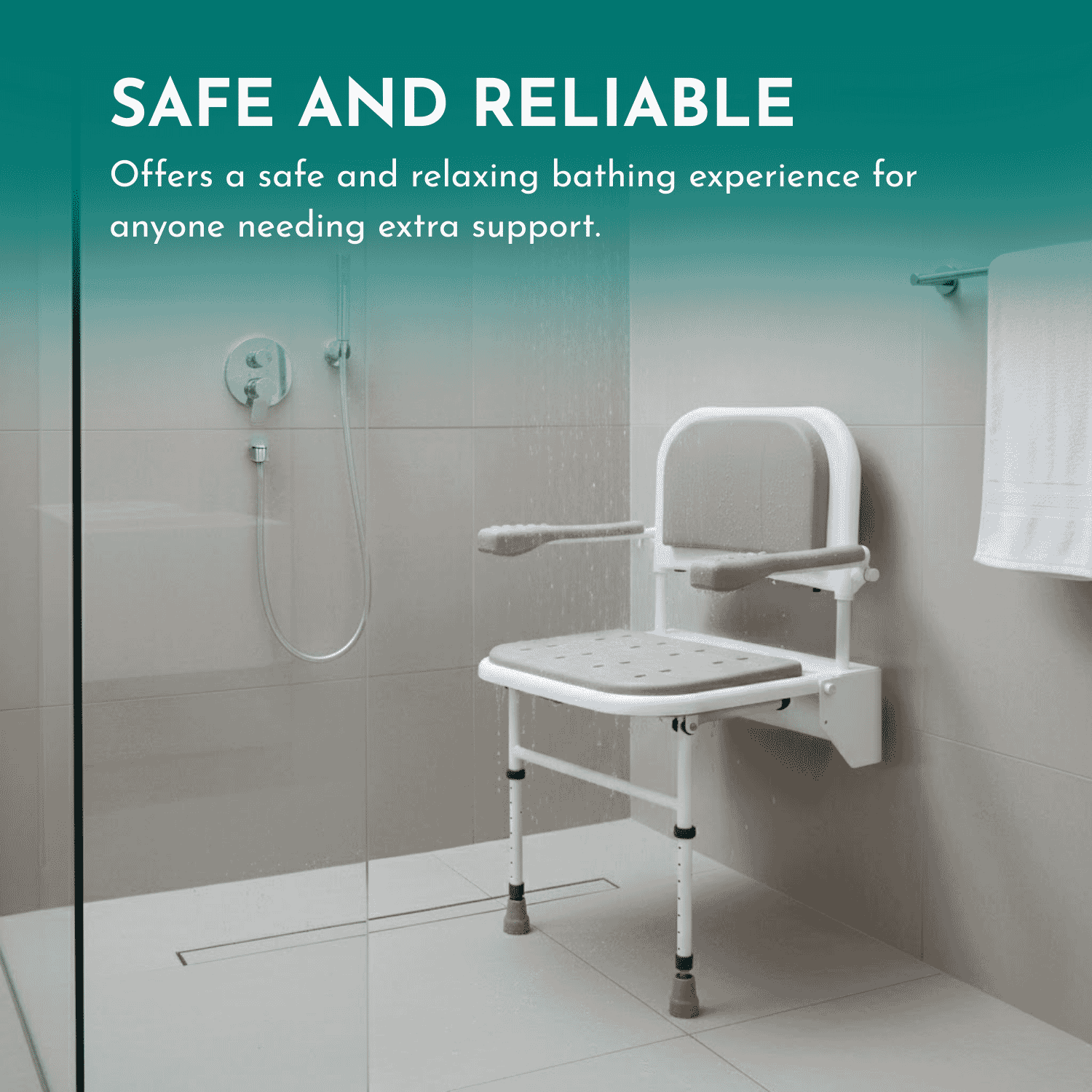 folding shower seat with legs back arms pad seat safe