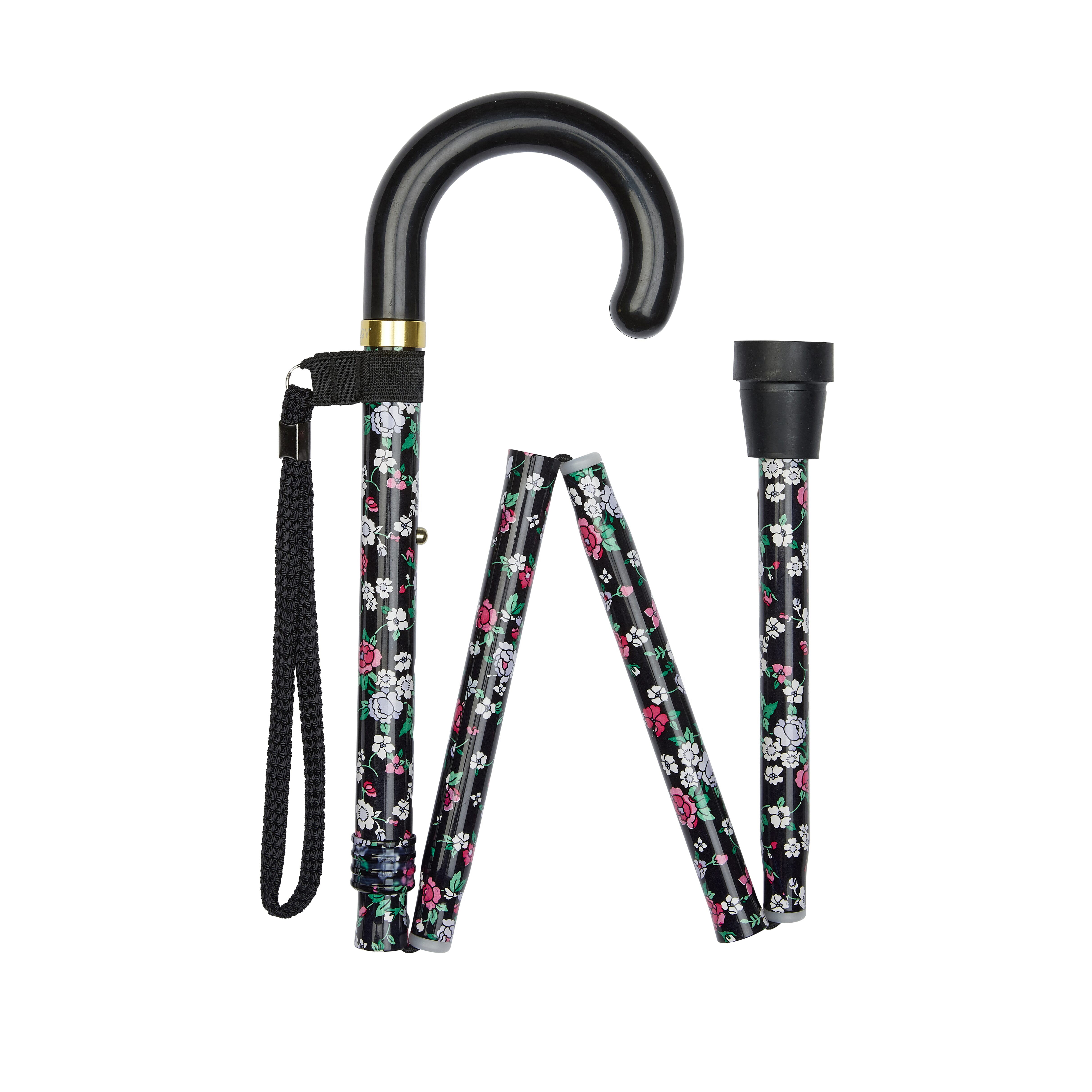 folding stick with crook handle black floral folded