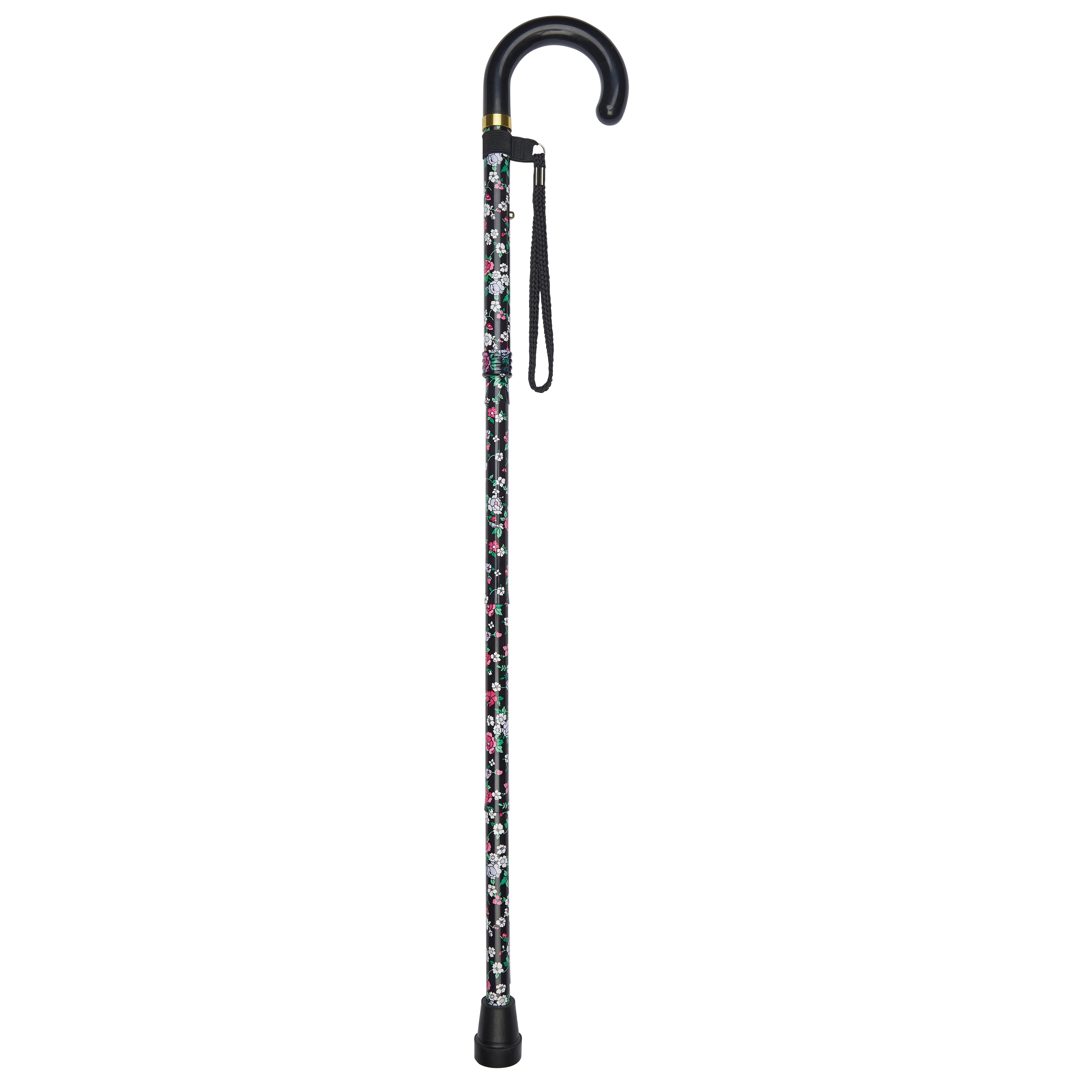 folding stick with crook handle black floral