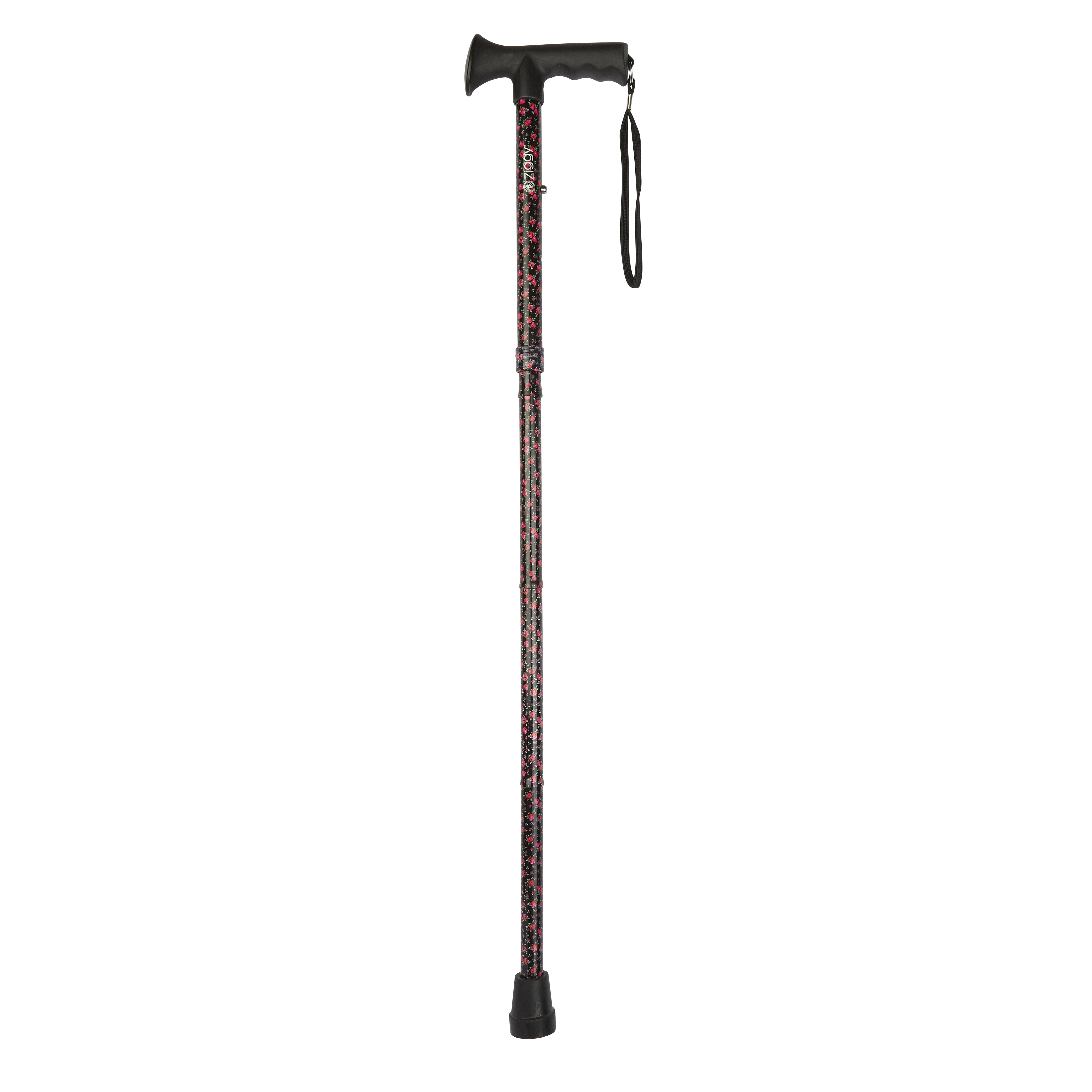 folding stick with gel grip handle black floral pattern