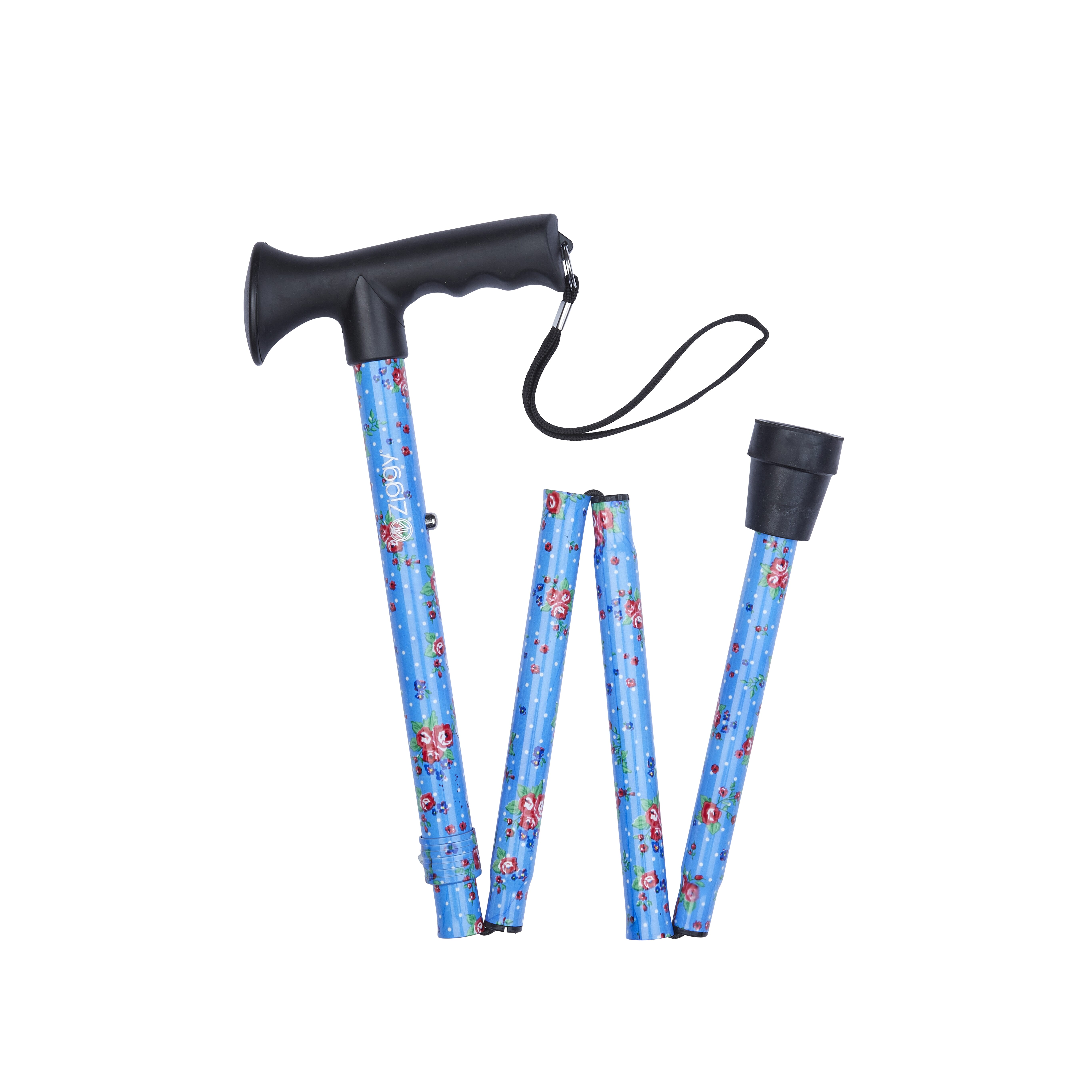 folding stick with gel grip handle blue floral pattern folded