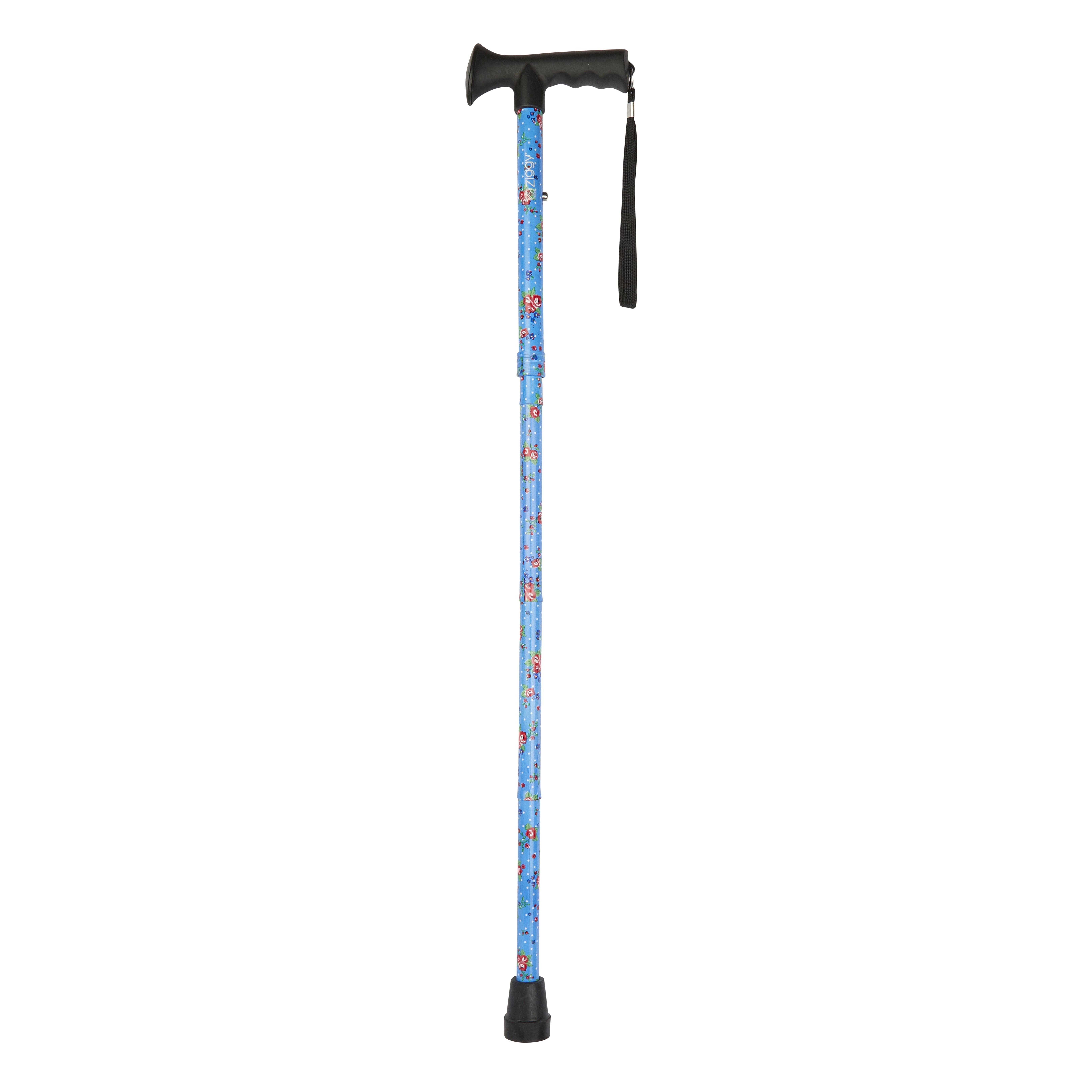 folding stick with gel grip handle blue floral pattern
