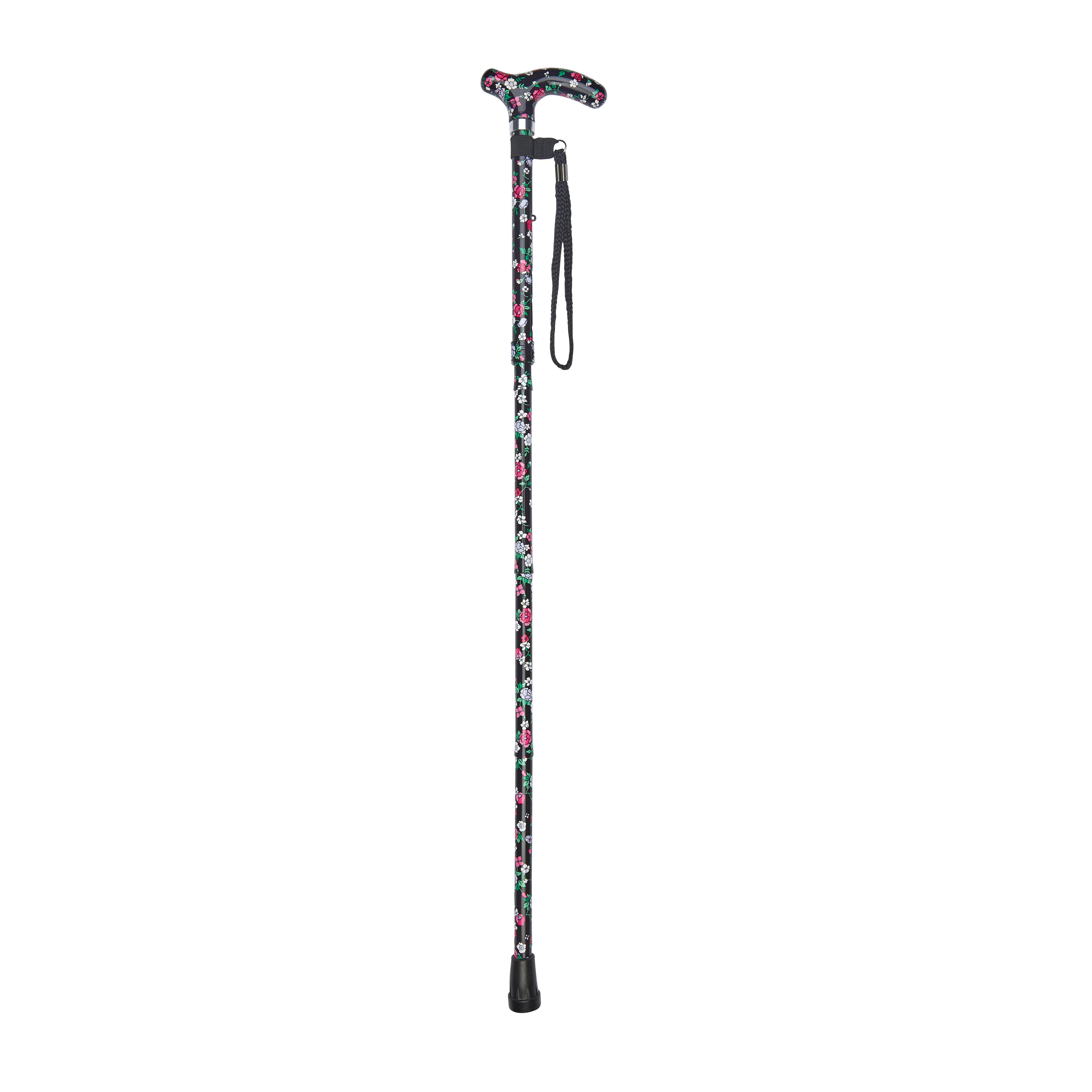 folding stick with petite patterned handle black floral pattern open