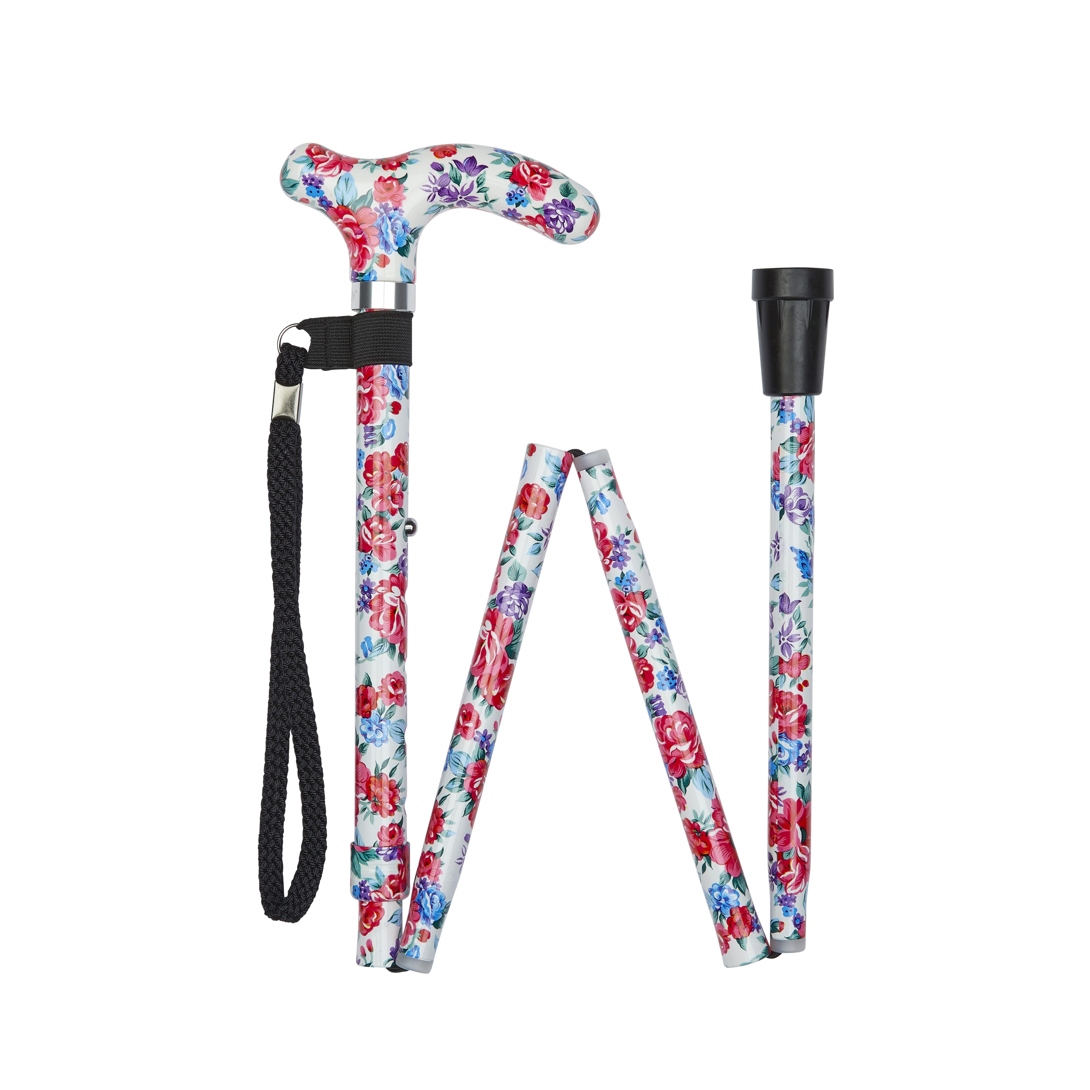 folding stick with petite patterned handle white floral pattern