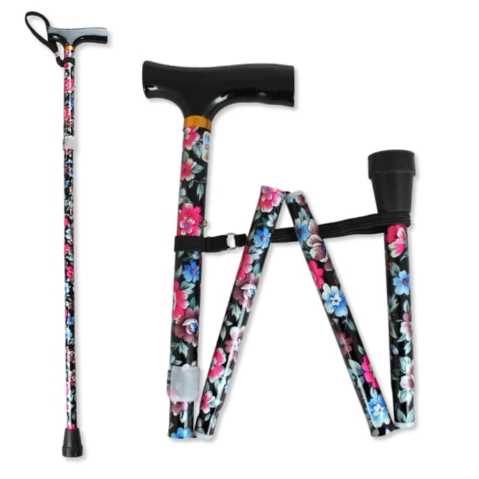 folding walking stick black floral