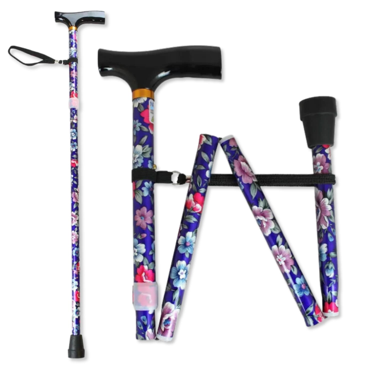 Folding Walking Stick - Blue Floral - Black from Essential Aids