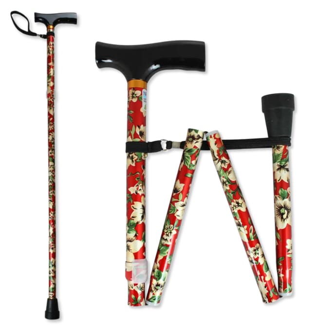 folding walking stick floral red