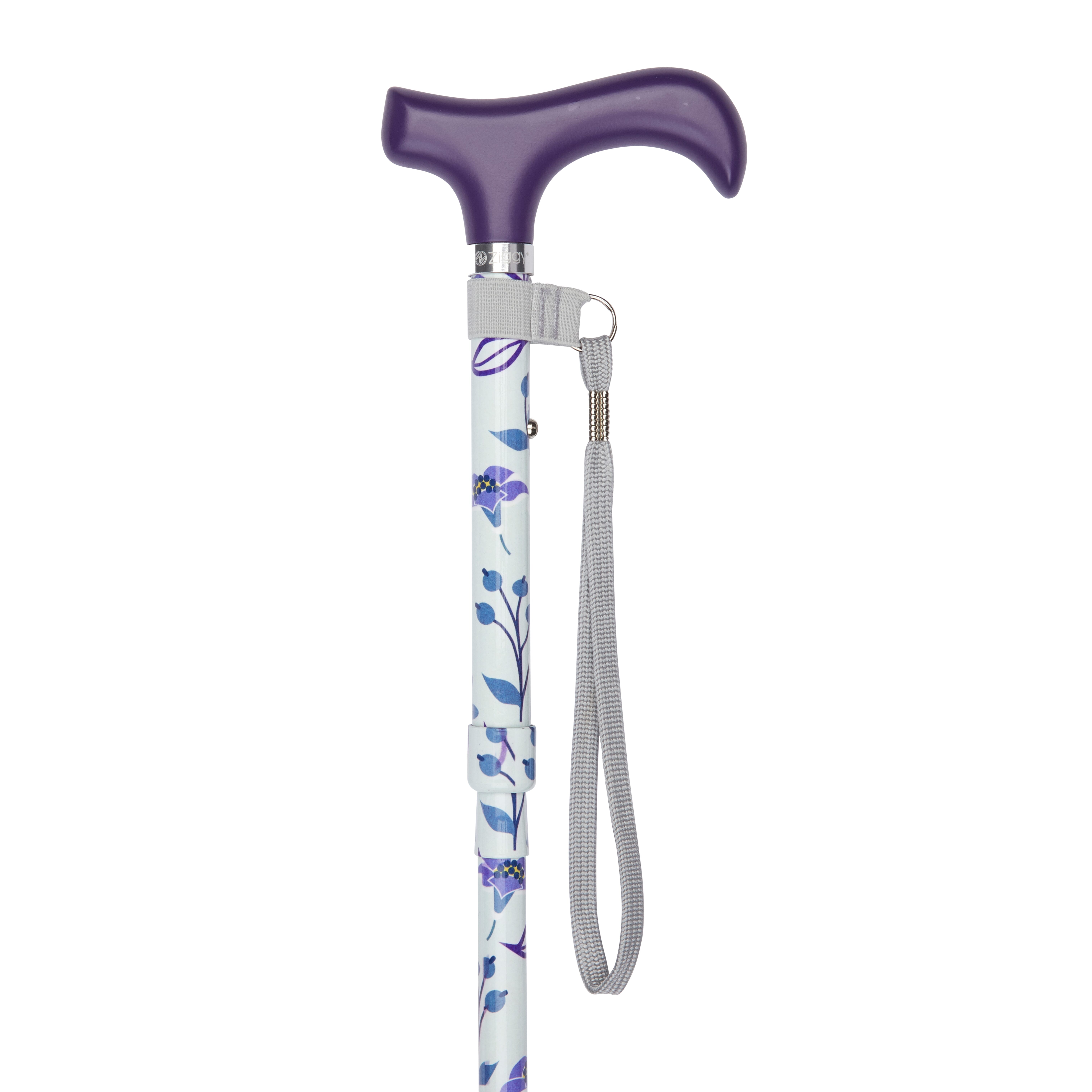 folding walking stick with derby handle purple handle