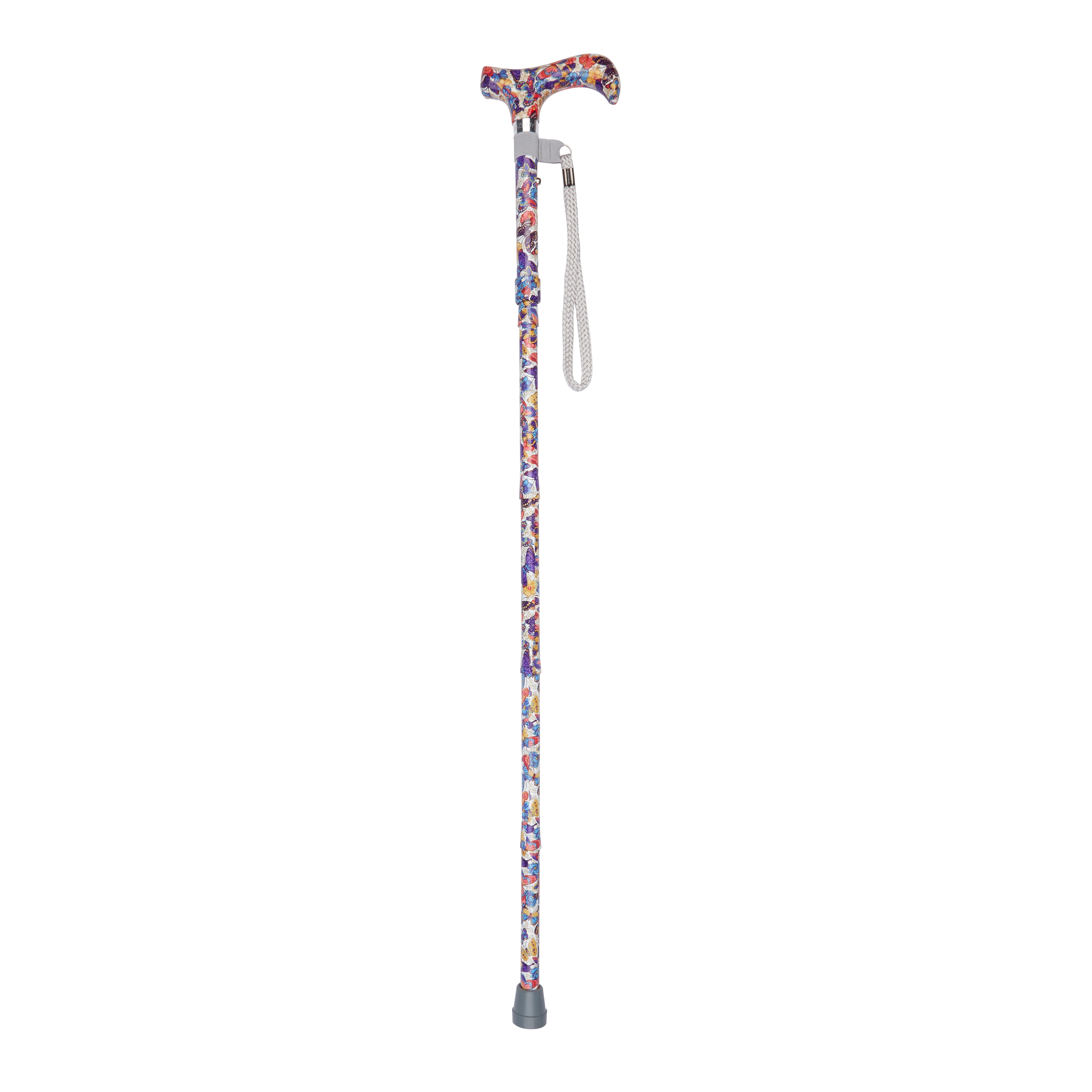folding walking stick with patterned handle butterflies open