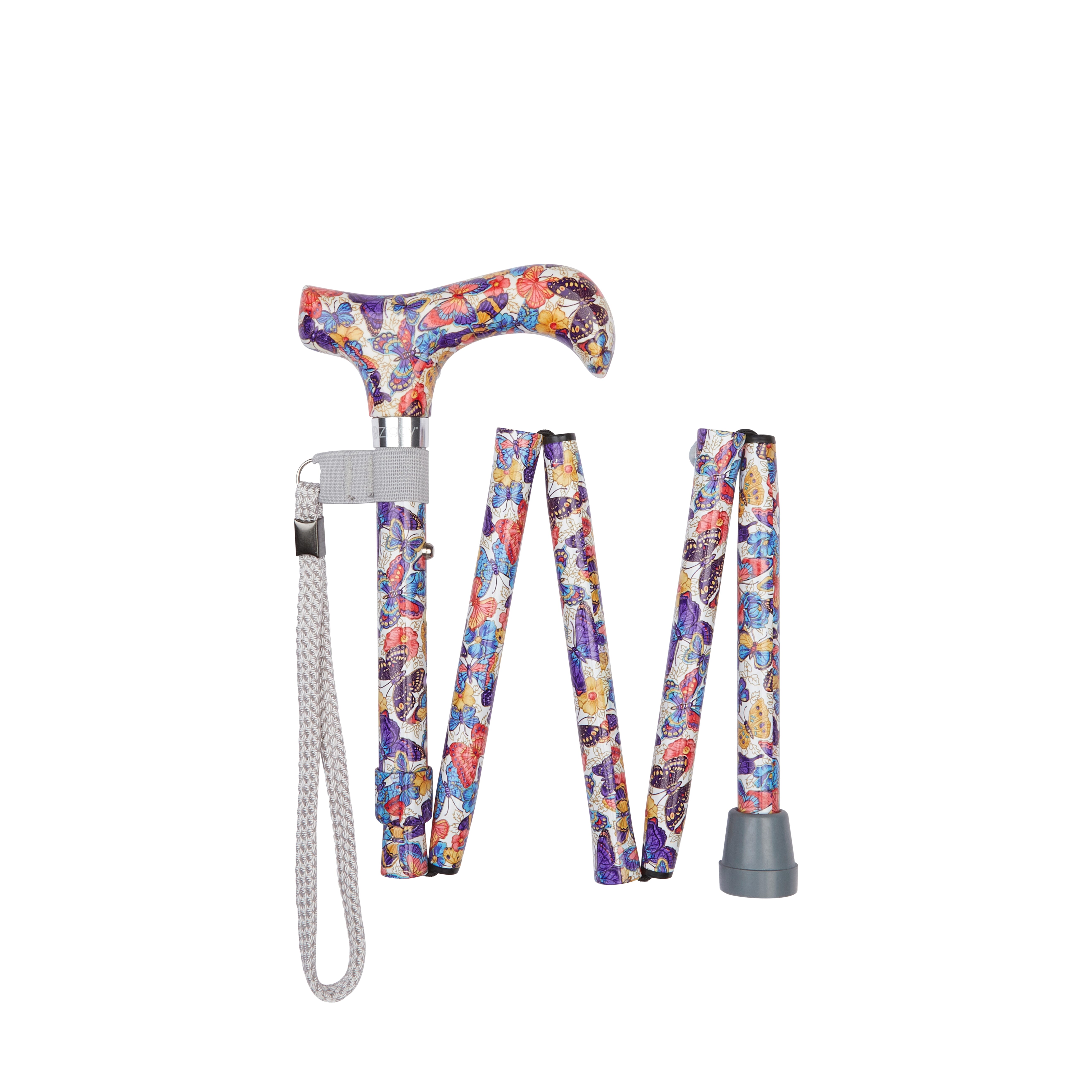 folding walking stick with patterned handle butterflies pattern