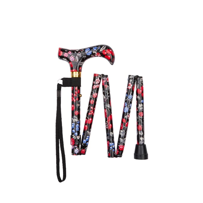 folding walking stick with patterned handle fruit pattern