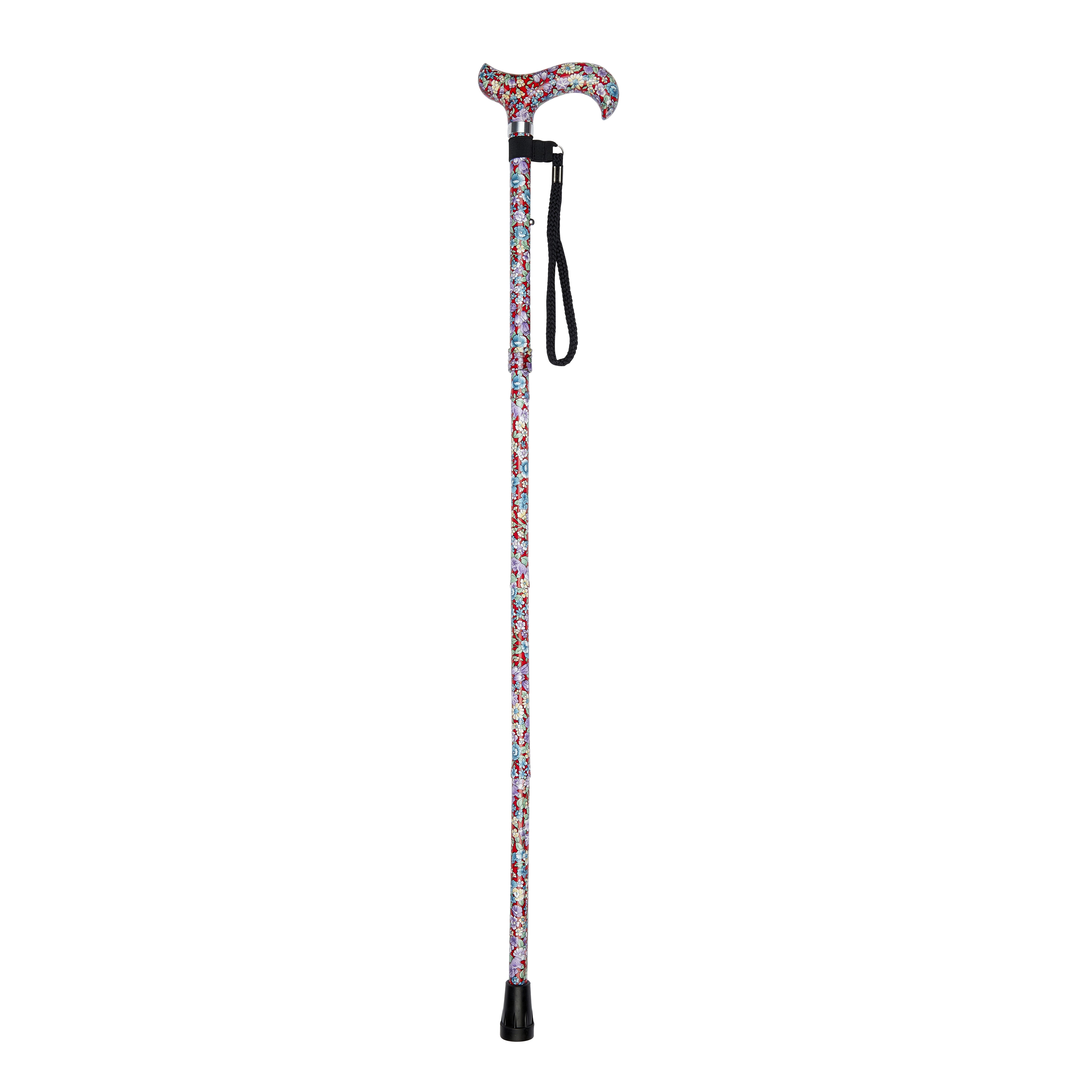 folding walking stick with patterned handle red floral pattern open