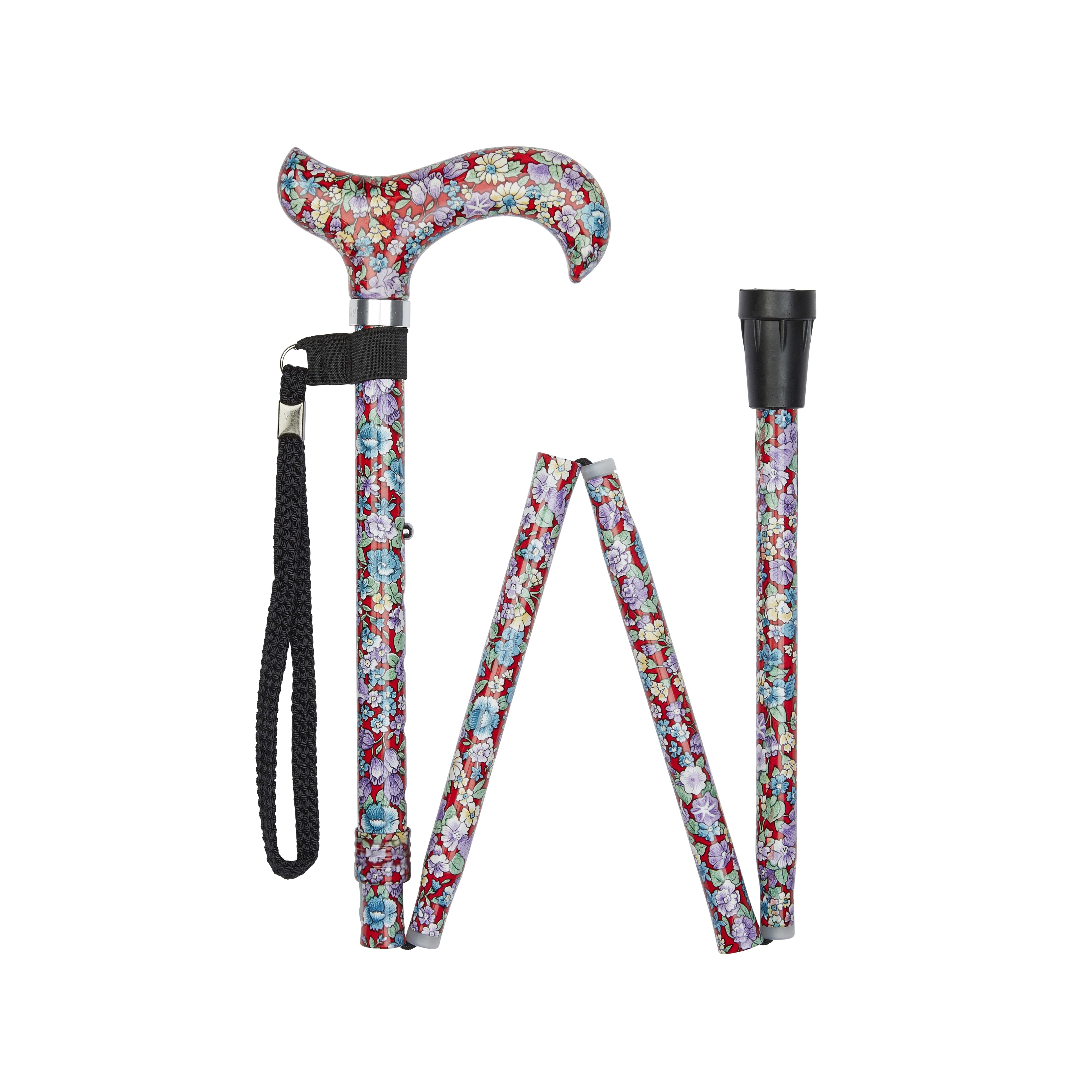 folding walking stick with patterned handle red floral pattern