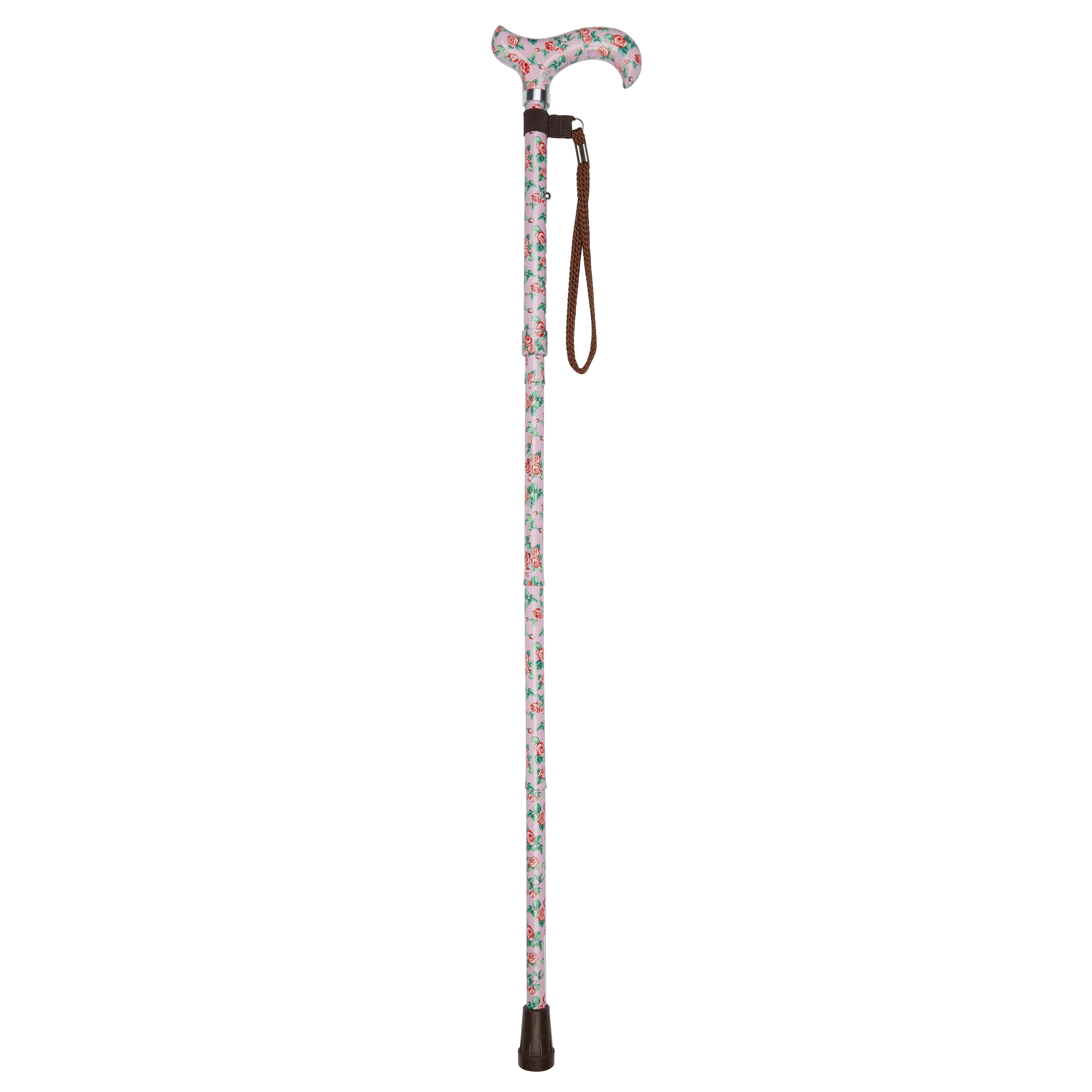 folding walking stick with patterned handle roses pattern open