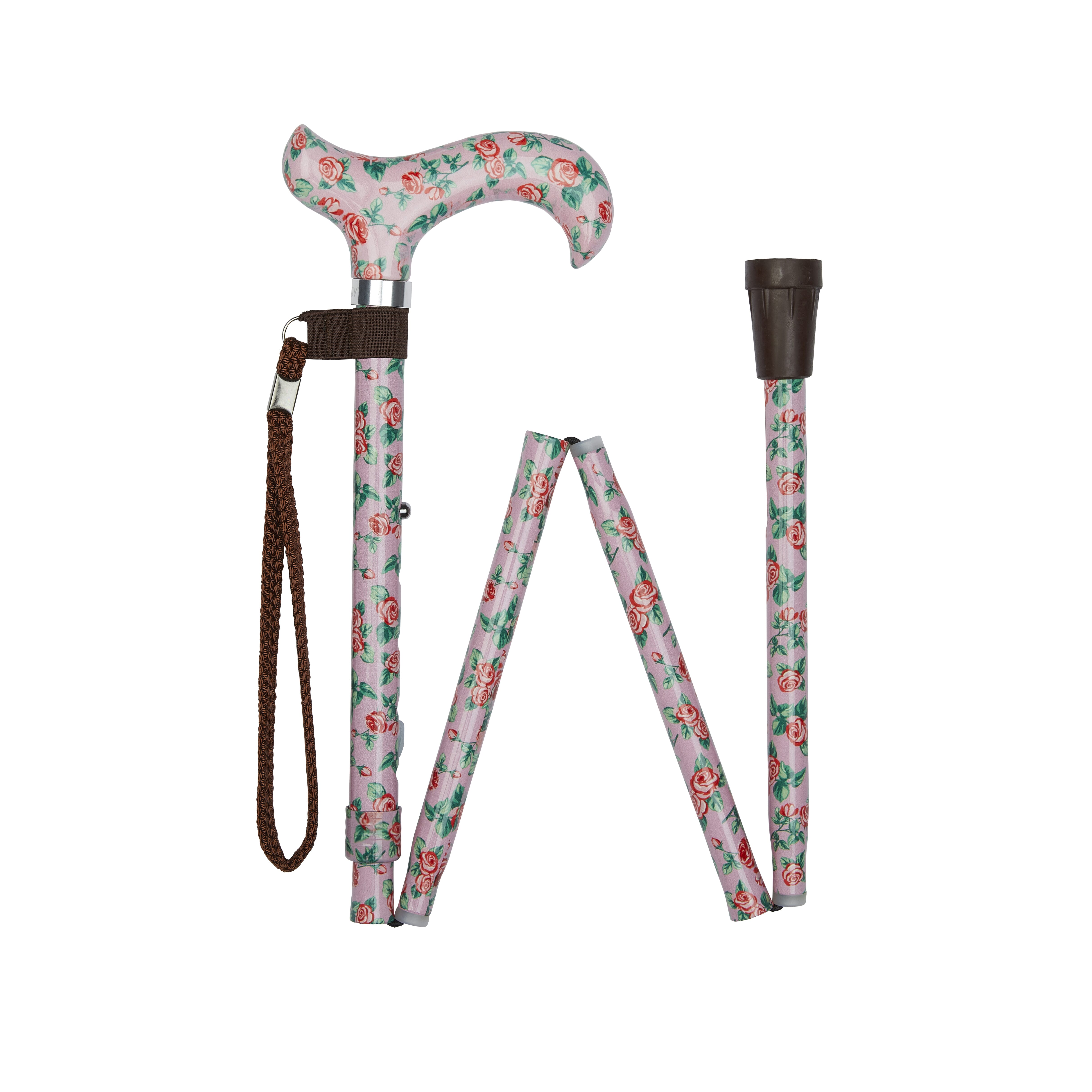 folding walking stick with patterned handle roses pattern