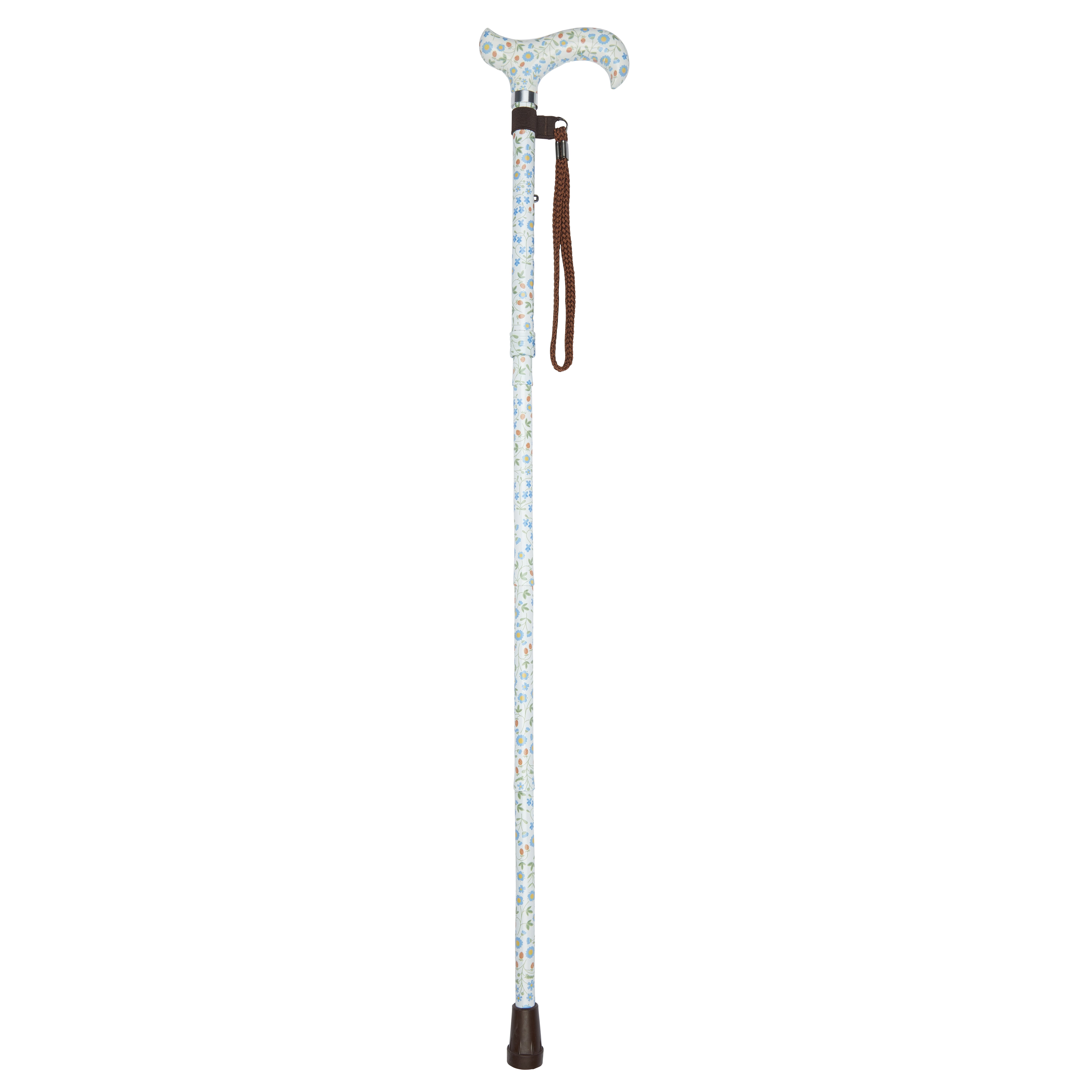 folding walking stick with patterned handle scandi floral pattern open