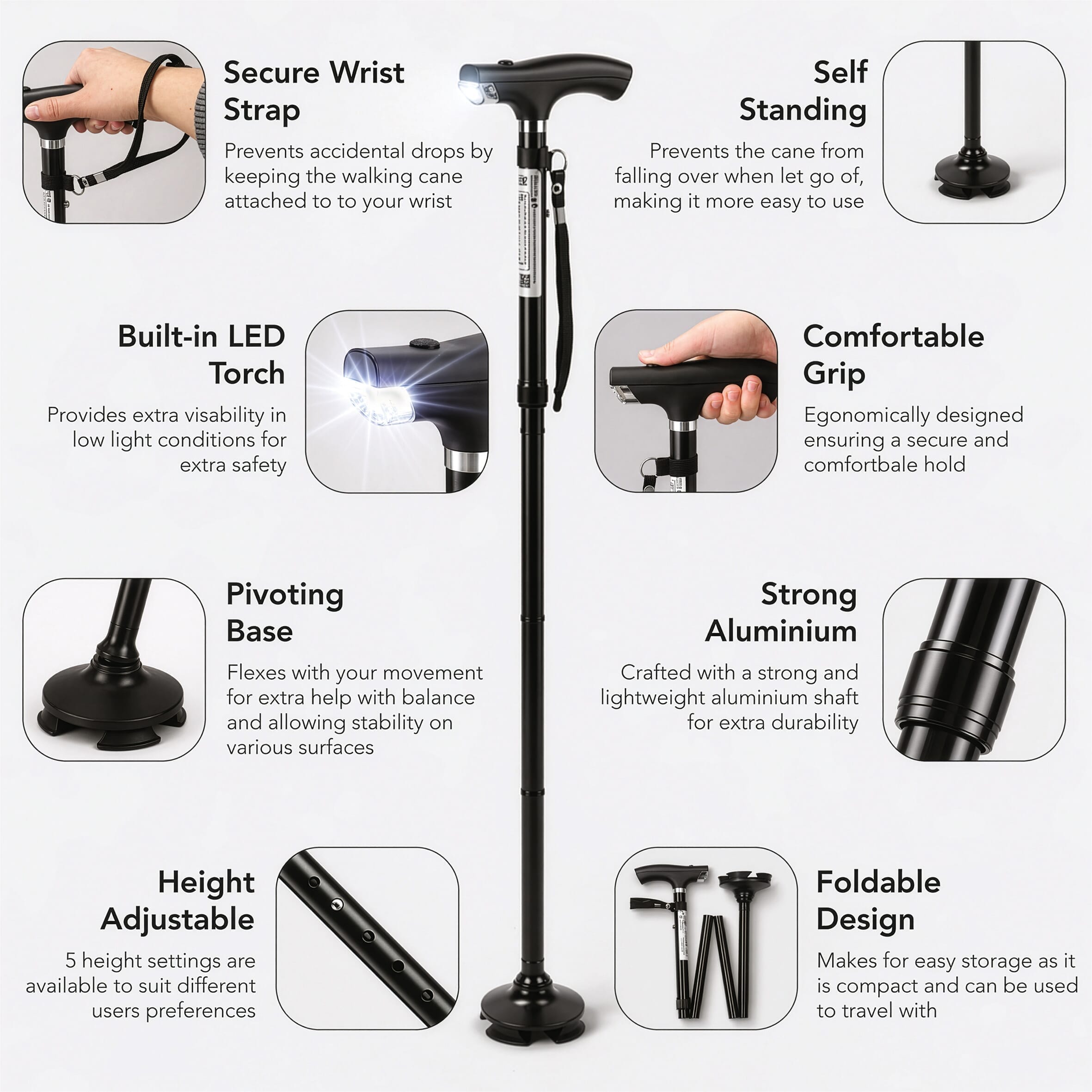 folding walking stick with torch details