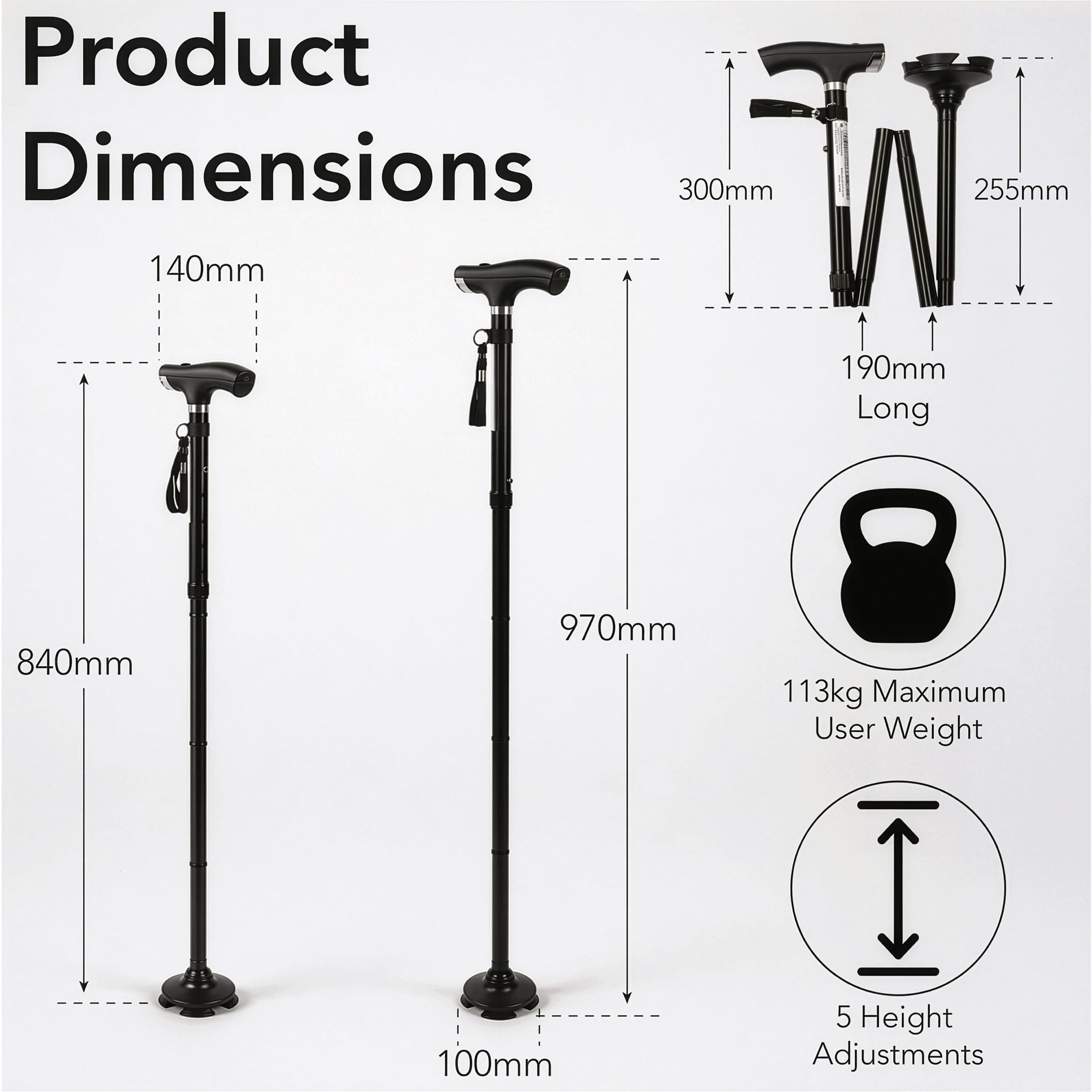 folding walking stick with torch dimensions