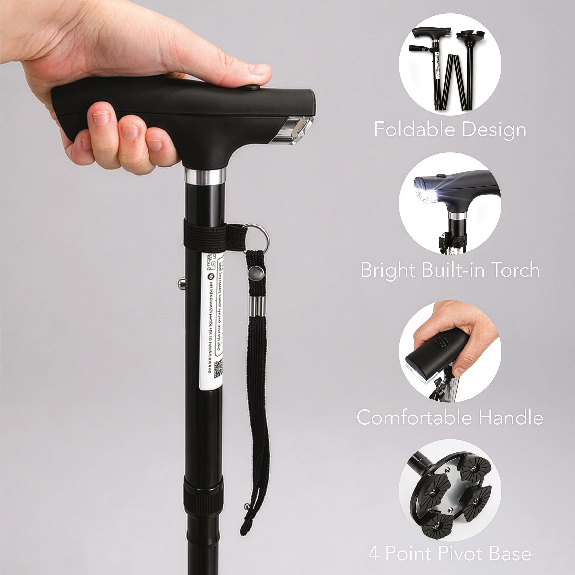 folding walking stick with torch features