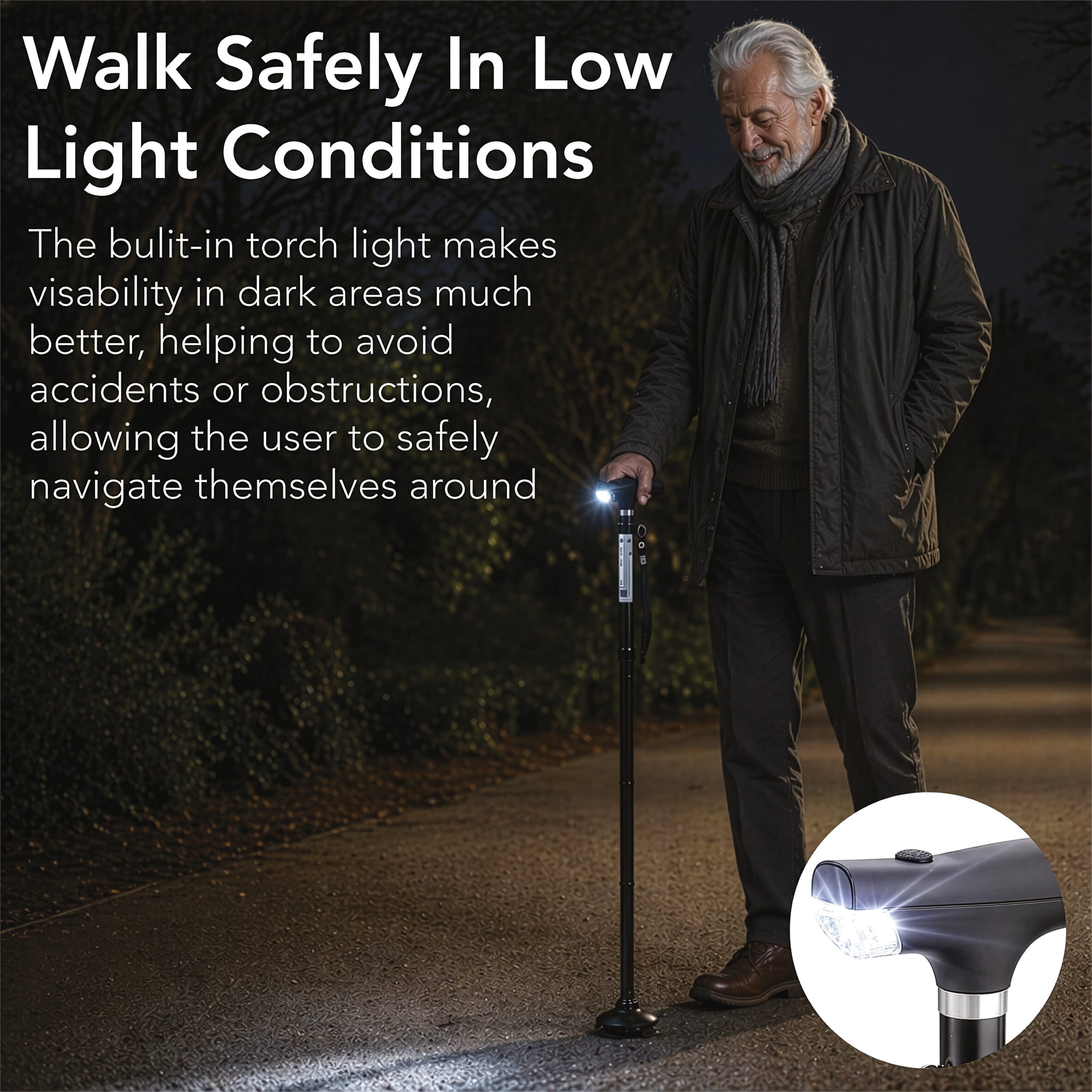 folding walking stick with torch in use at night